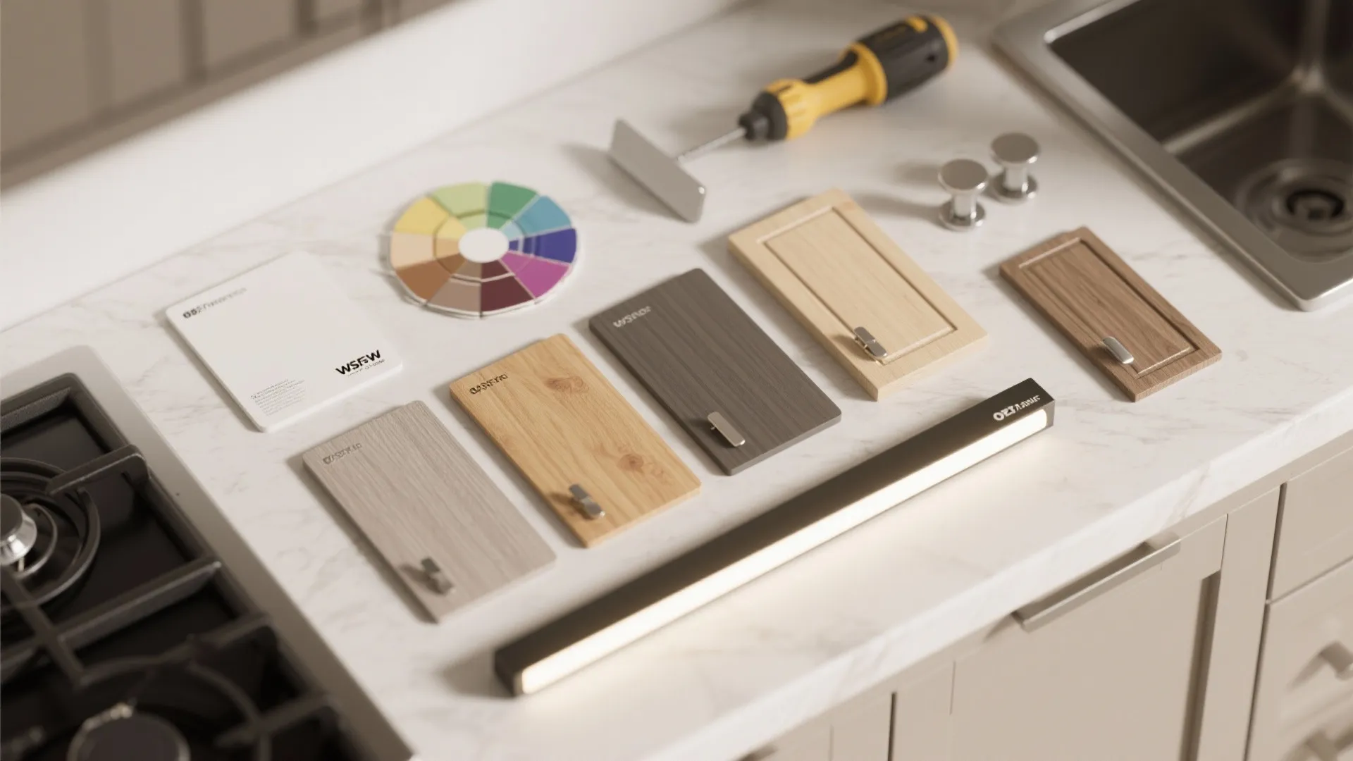 Kitchen countertop with cabinet door samples color wheel light fixture tools and silver metal handles