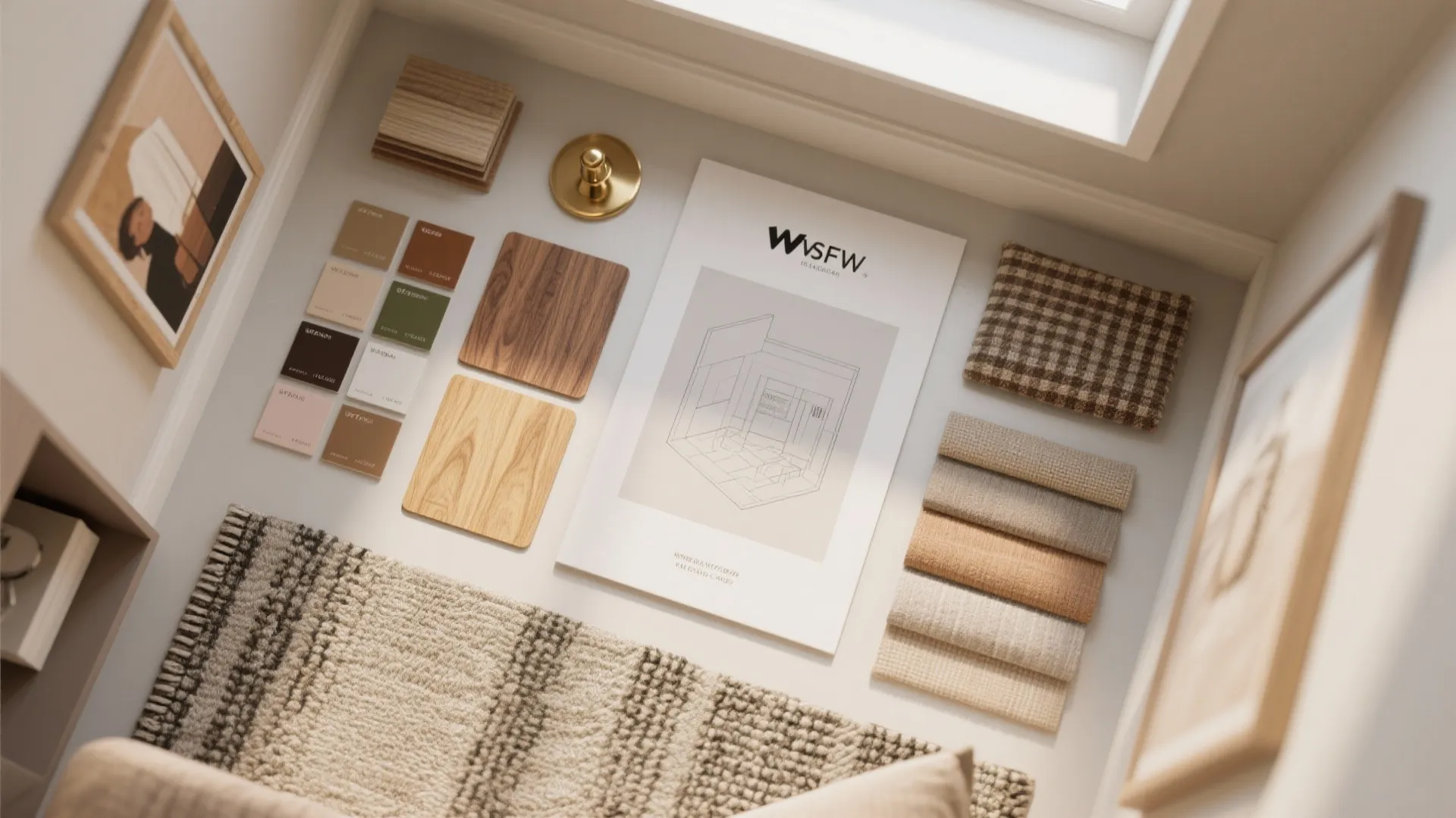 Interior design mood board with wood samples fabric swatches color palettes and a room drawing