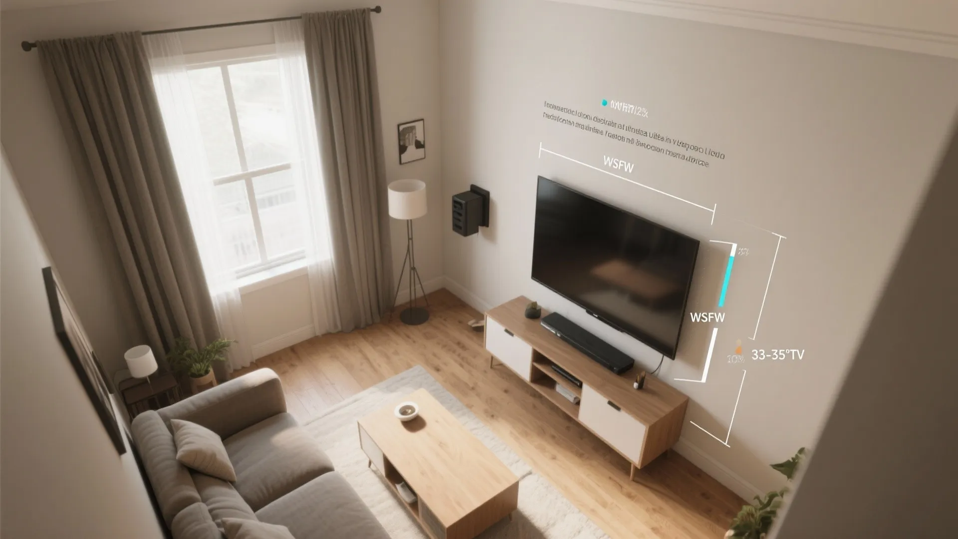 Top-down schematic of a small TV room showing viewing distances, seat placement and glare reduction tips.