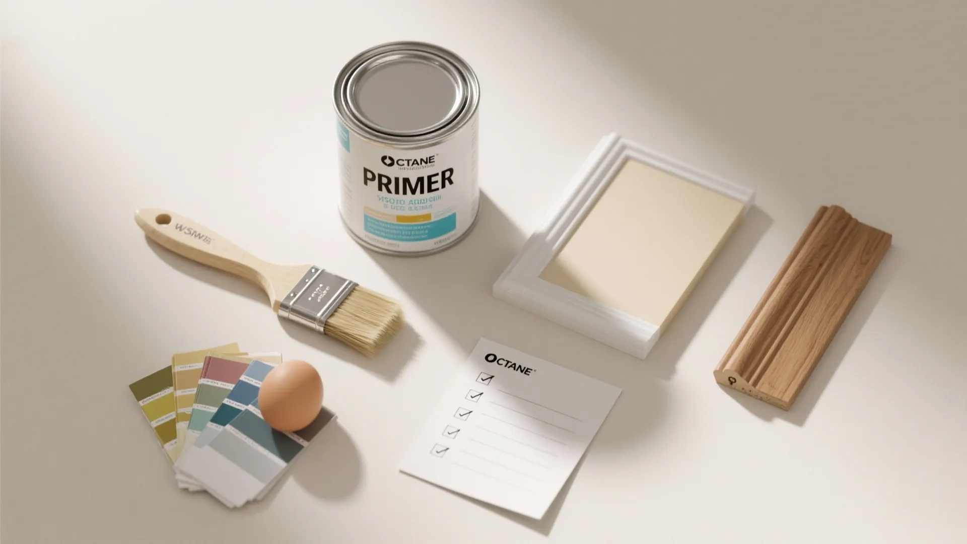 Home renovation supplies including paint primer can brush color swatches checklist and wooden wall panel