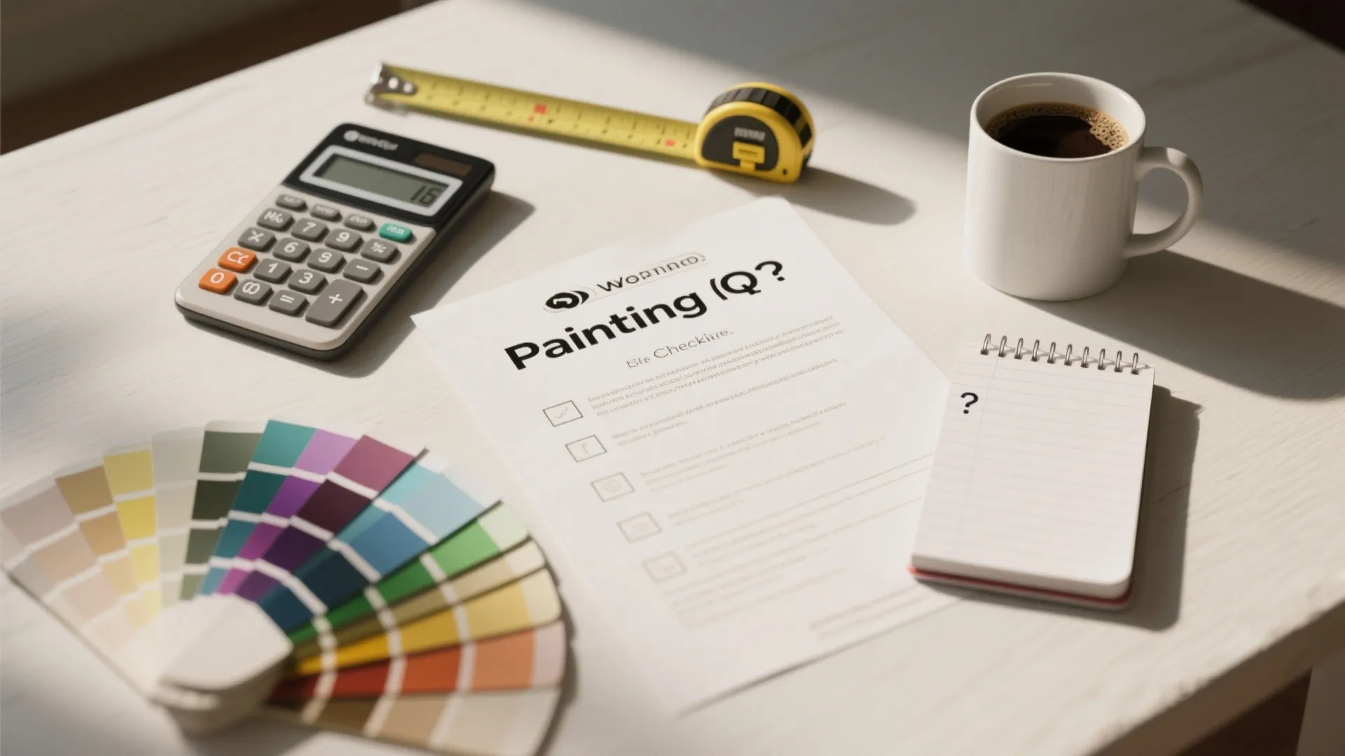 Top-down view of an FAQ checklist, calculator, notepad, paint swatches and measuring tape illustrating common painting questions.