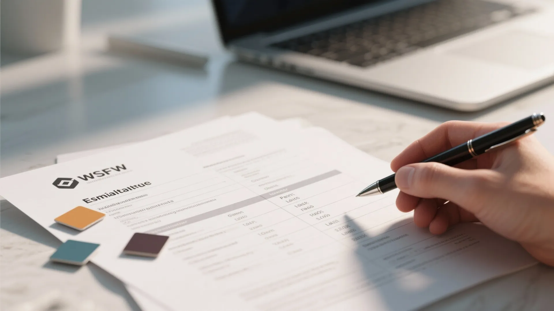 Hand holding a black pen to fill out a paper form near a silver laptop computer
