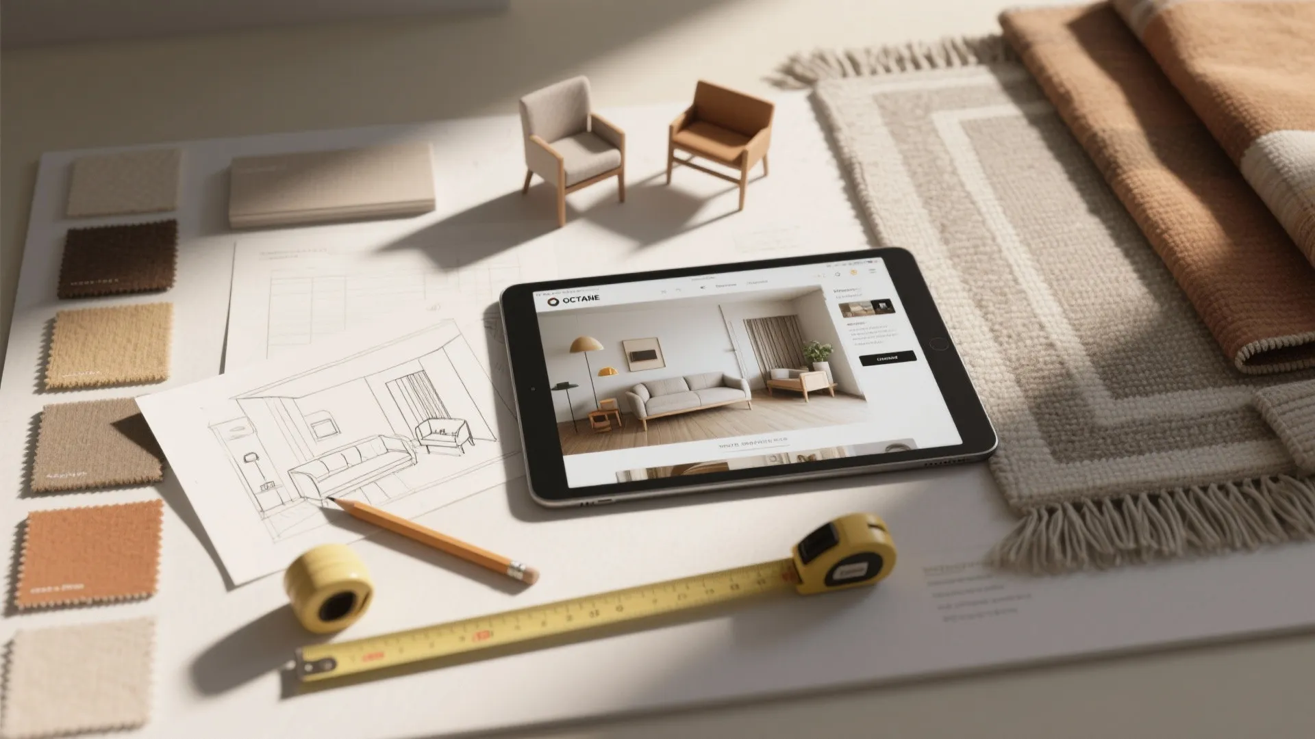 Tablet showing interior design drawing next to color samples measuring tape and small furniture models