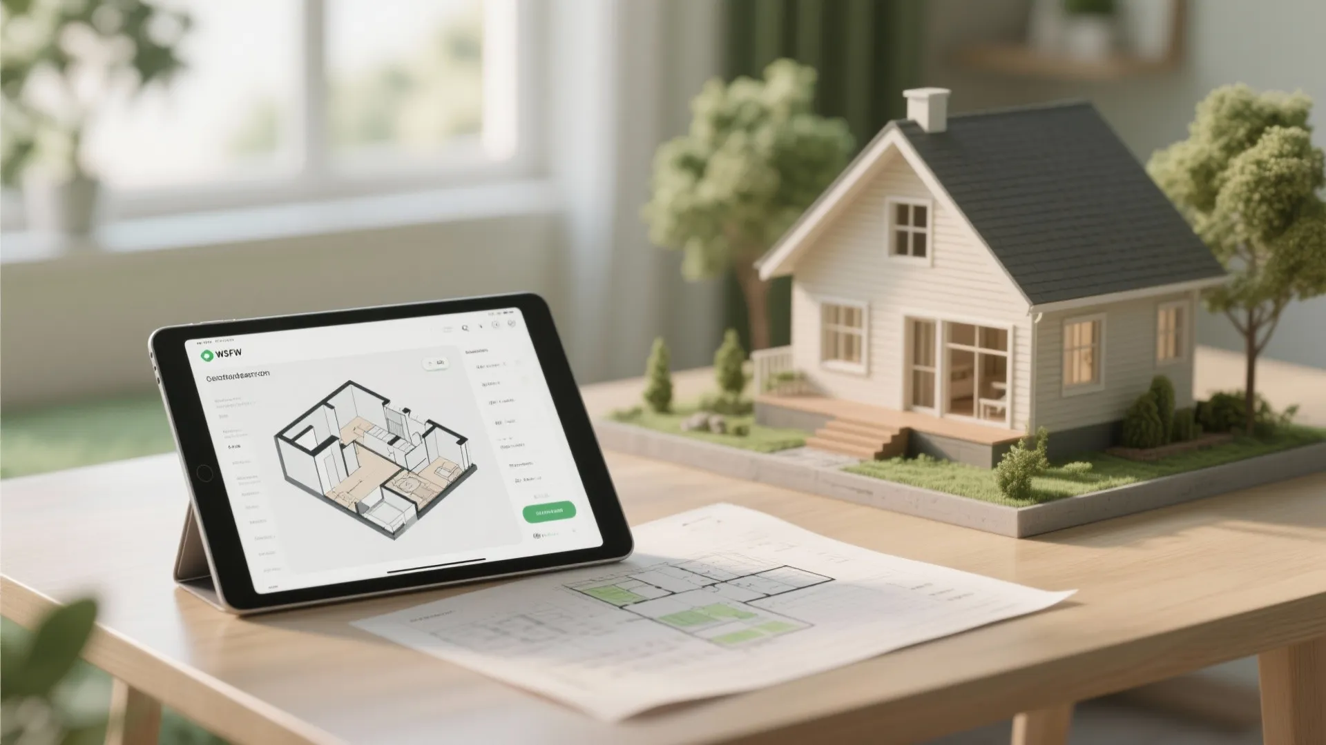 Tablet showing a floor plan layout next to a small house model on a table