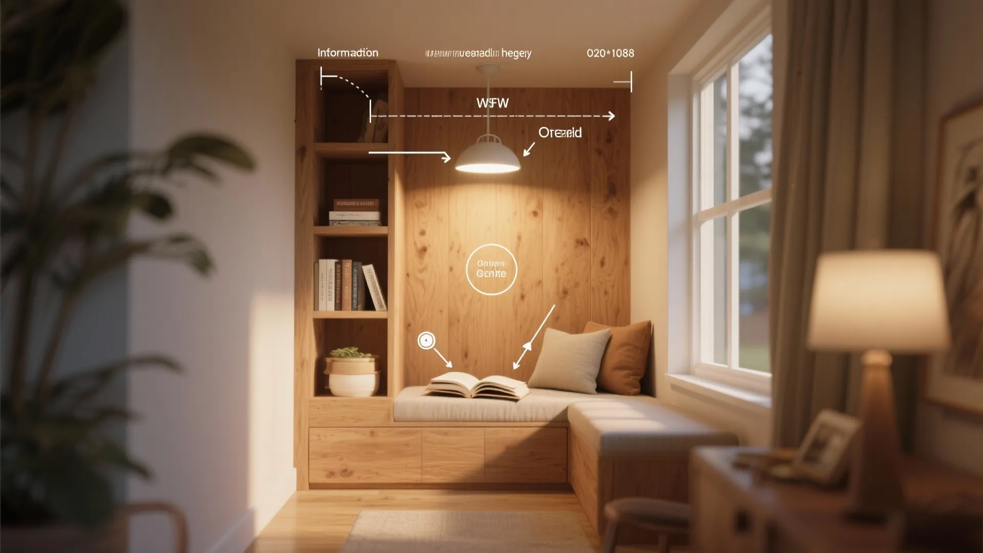 Reading nook scene with visual indicators for mounting height, color temperature, and glare reduction