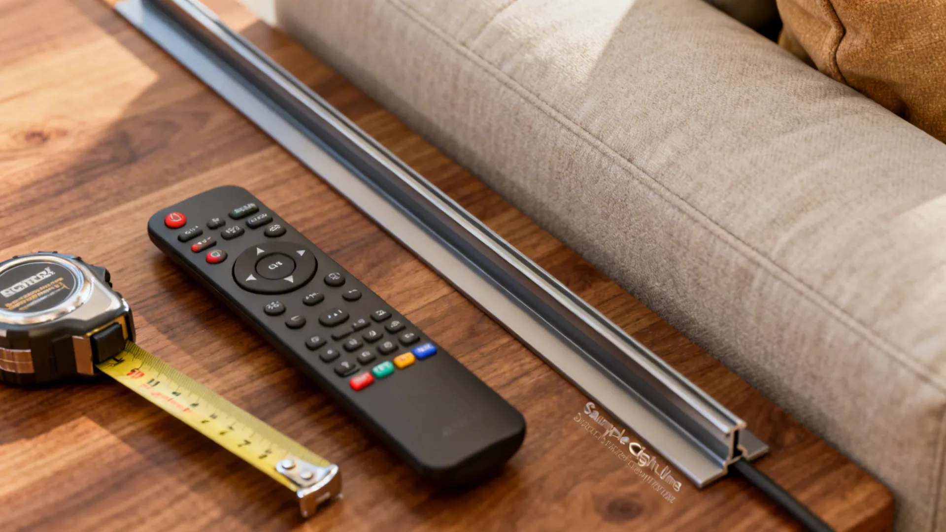 Remote, measuring tape and cable raceway sample illustrating TV sightline and cable management tips