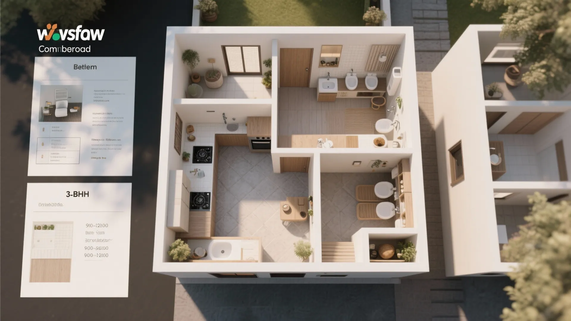 Top view of a small house interior design drawing showing kitchen bathroom and bedroom layout plan