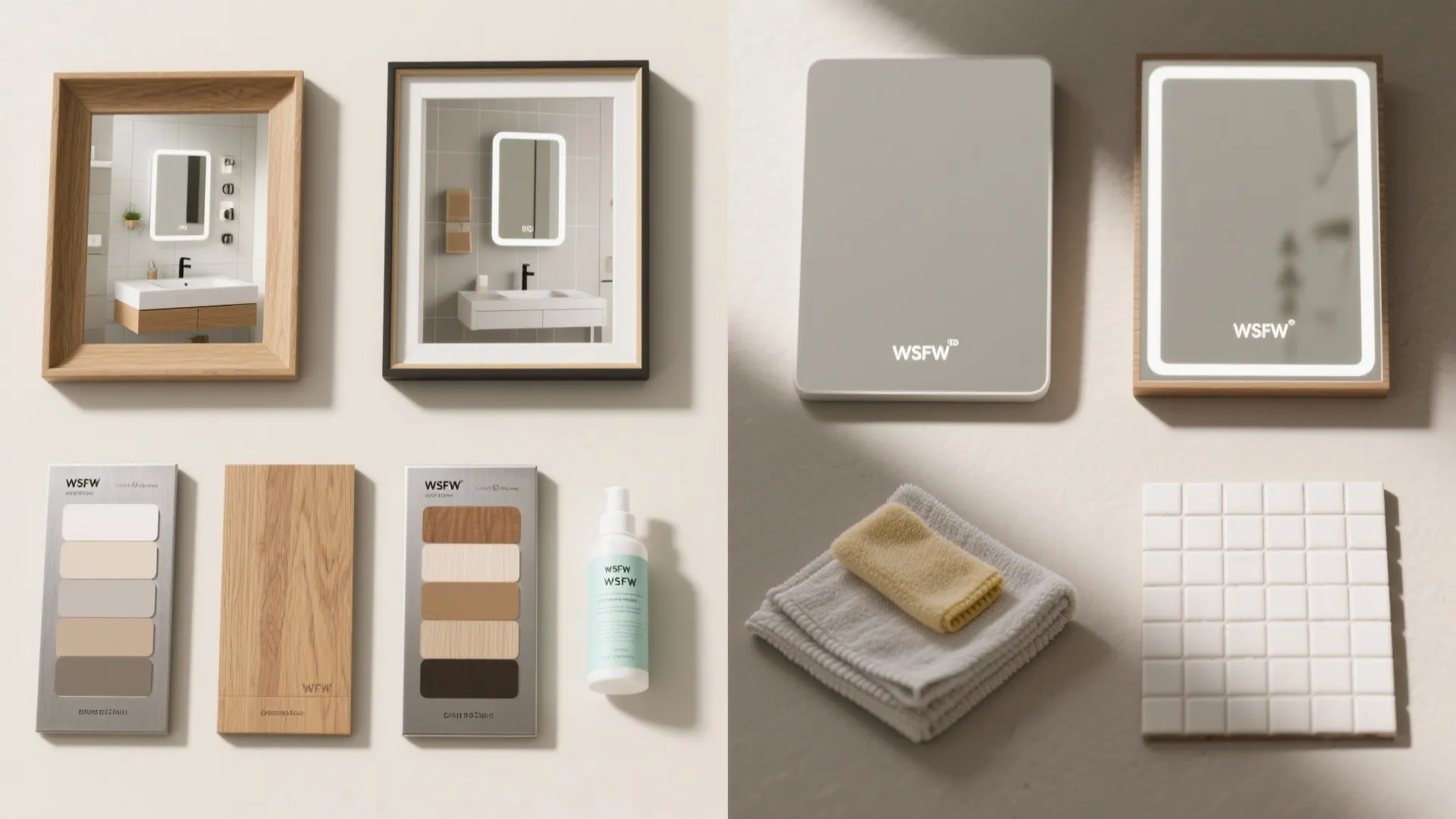 Collage of mirror size mockups, frame material samples, and maintenance items illustrating FAQ answers.