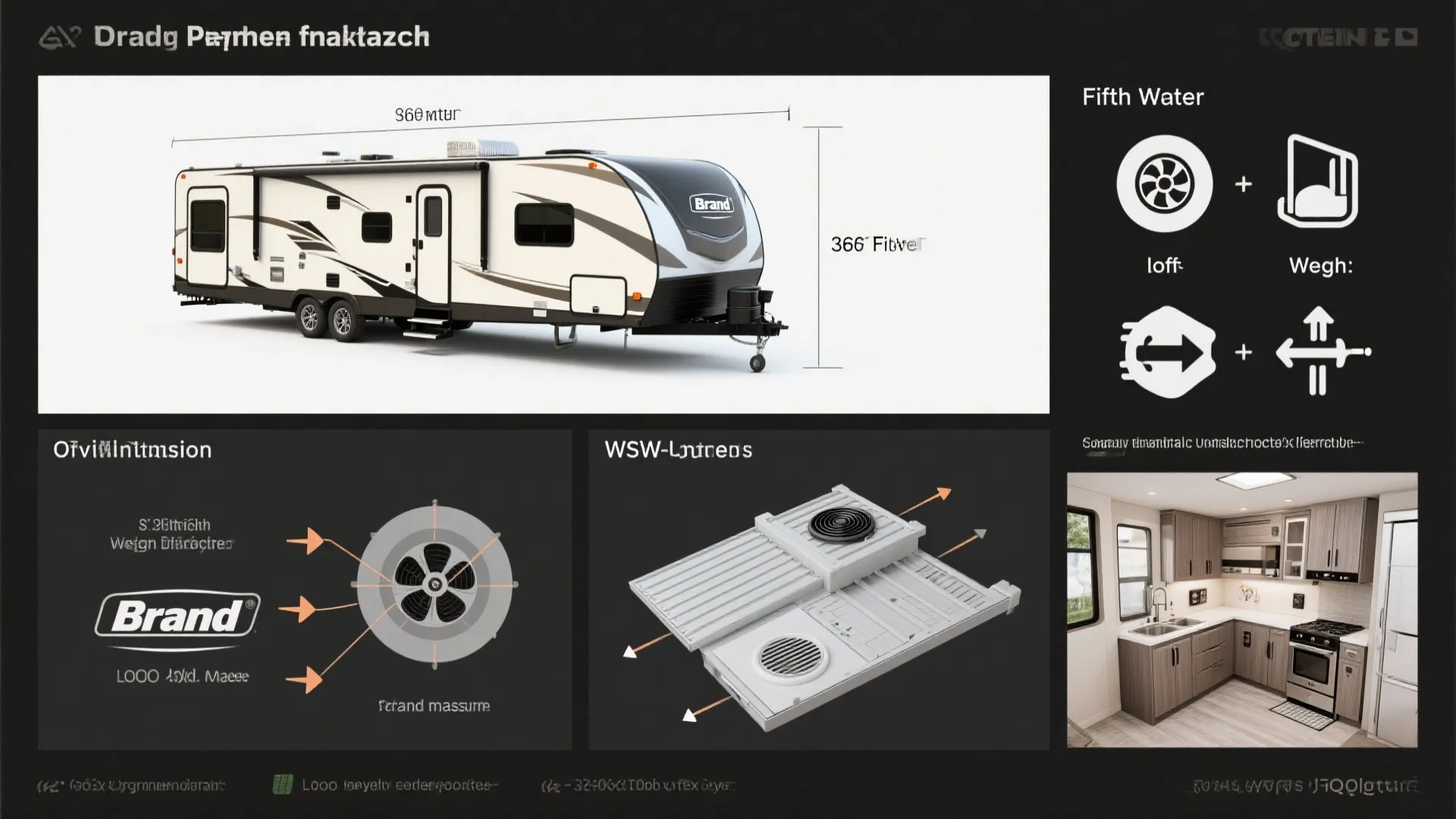 Informative collage showing fifth wheel scale, loft, ventilation, weight distribution, and kitchen layout icons.