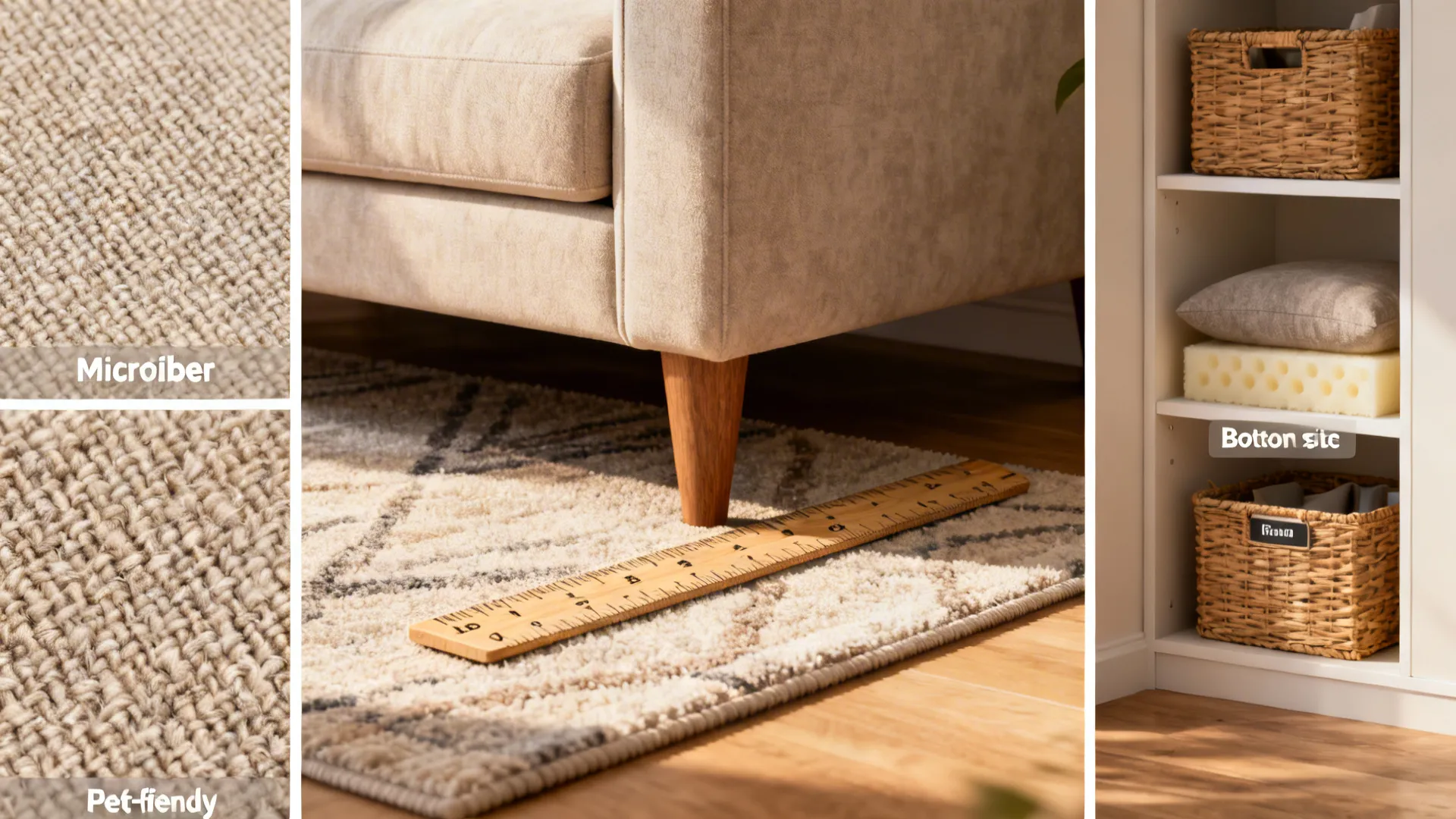Collage showing pet-friendly microfiber swatch, rug-size demonstration, cushion sample and tidy shelving basket.
