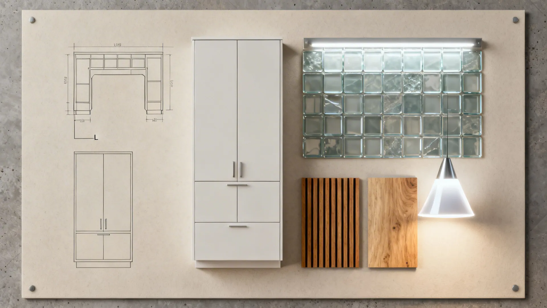 Top-down collage of L-shaped diagram, cabinet, glass, LED, and wood samples.