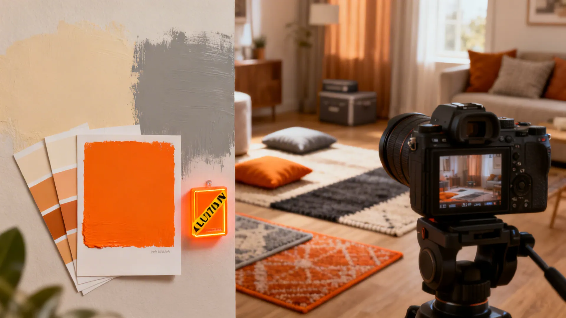Visual FAQ cues: paint swatches, orange samples, removable cushions and a camera for testing light.