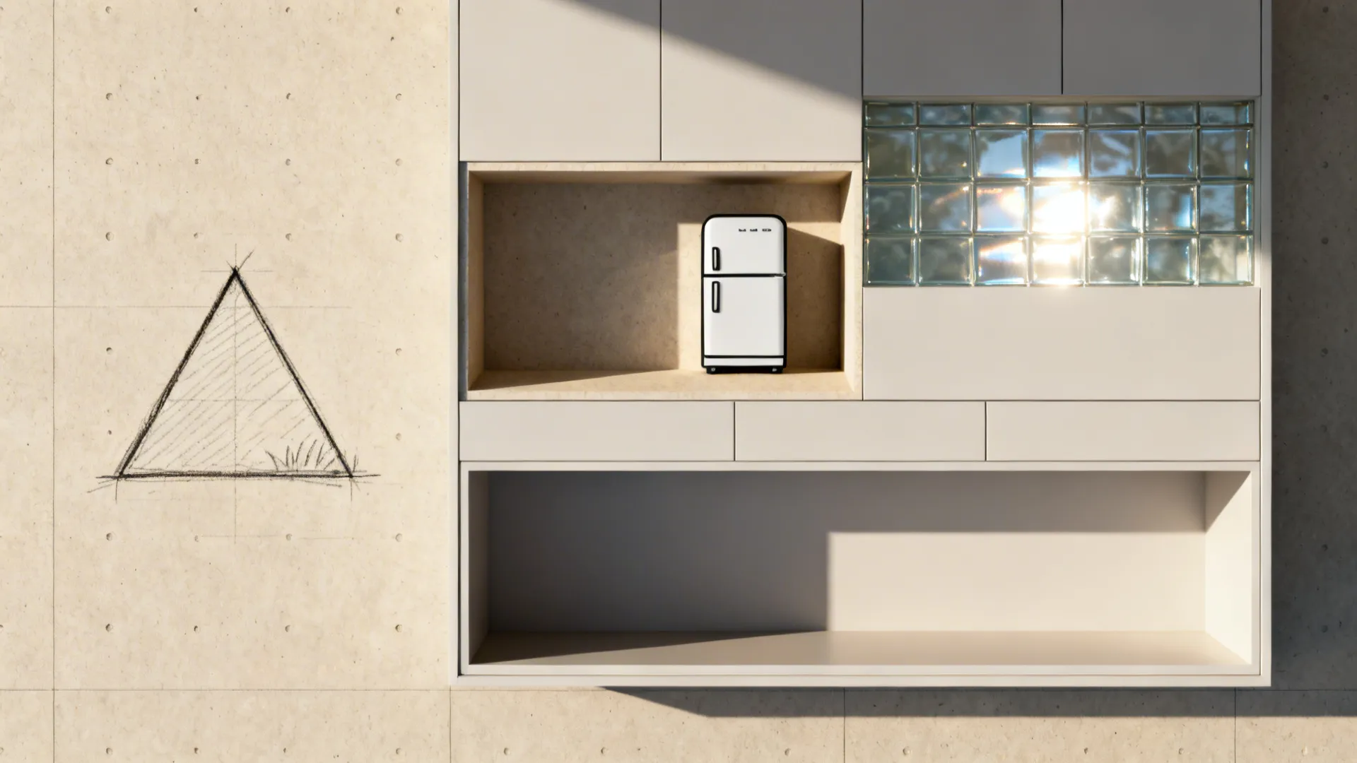 Top-down grid with icons and samples: work triangle, outdoor fridge niche, glass backsplash, and storage module.