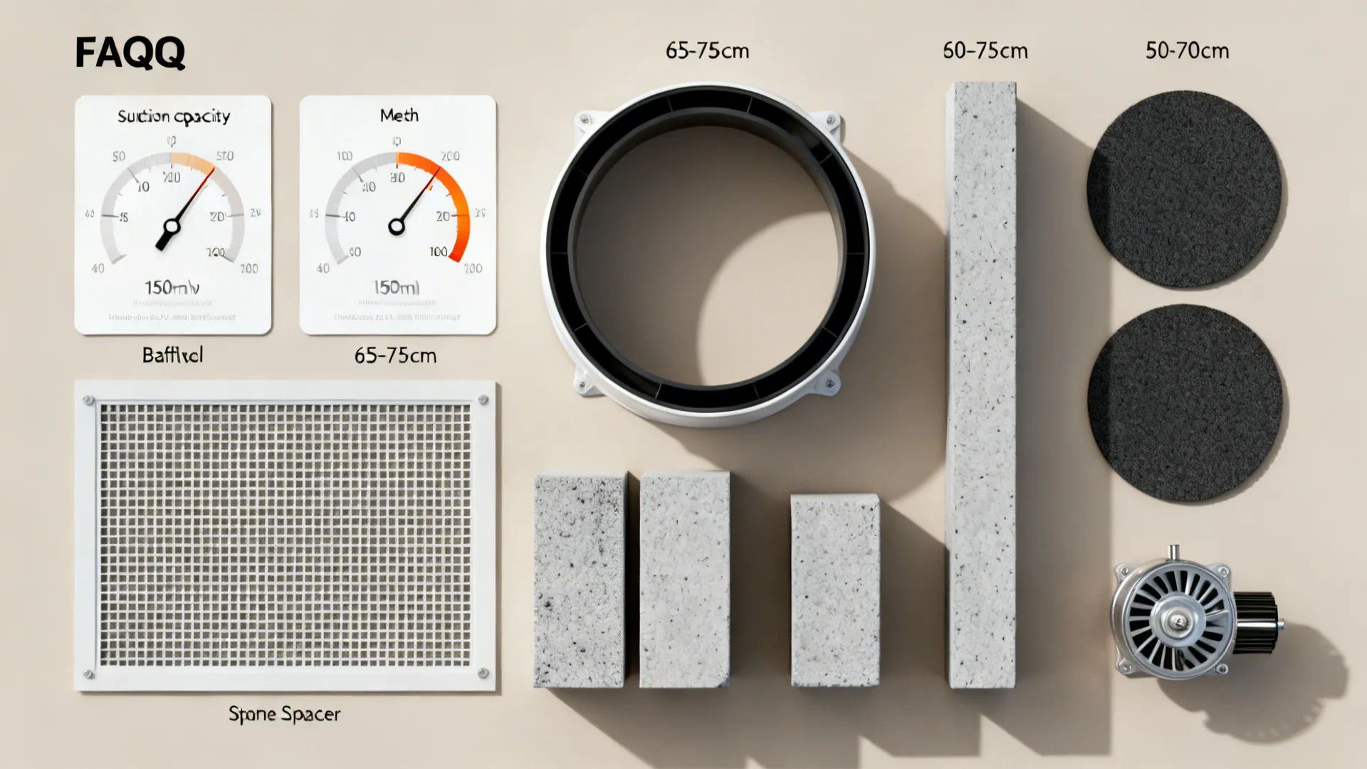 Flat-lay with suction dial graphics, baffle and mesh samples, 150 mm duct ring, height spacers, charcoal filters, and motor mockup.