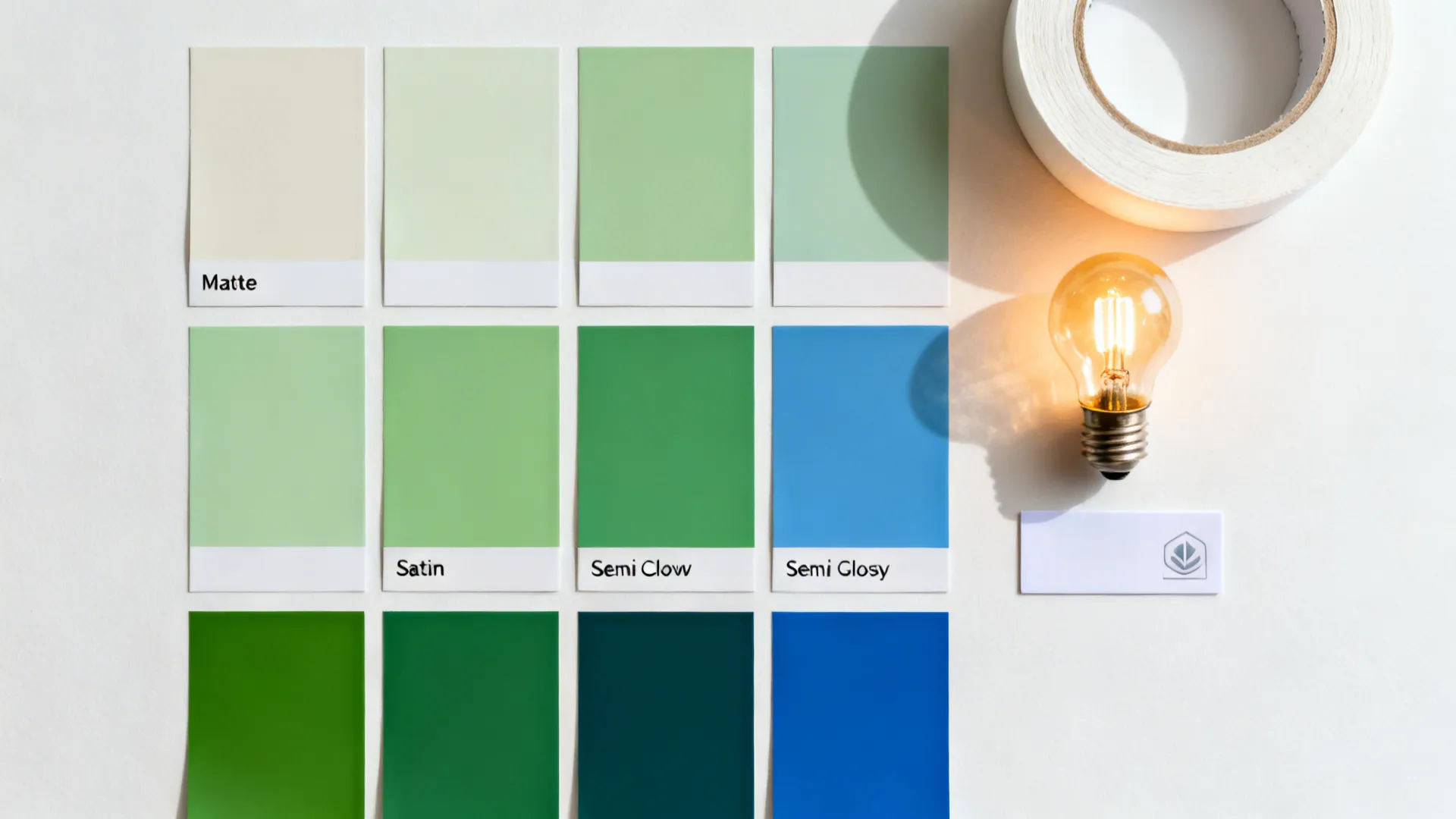 Flat lay with neutral, green, and blue swatches, sheen samples, warm bulb, and painter’s tape for kids’ rooms.