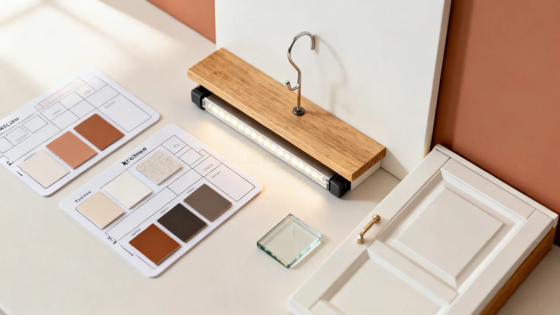 Flat lay with shelf and rail sample, LED strip, tempered glass chip, and pantry door sample in a cohesive palette.