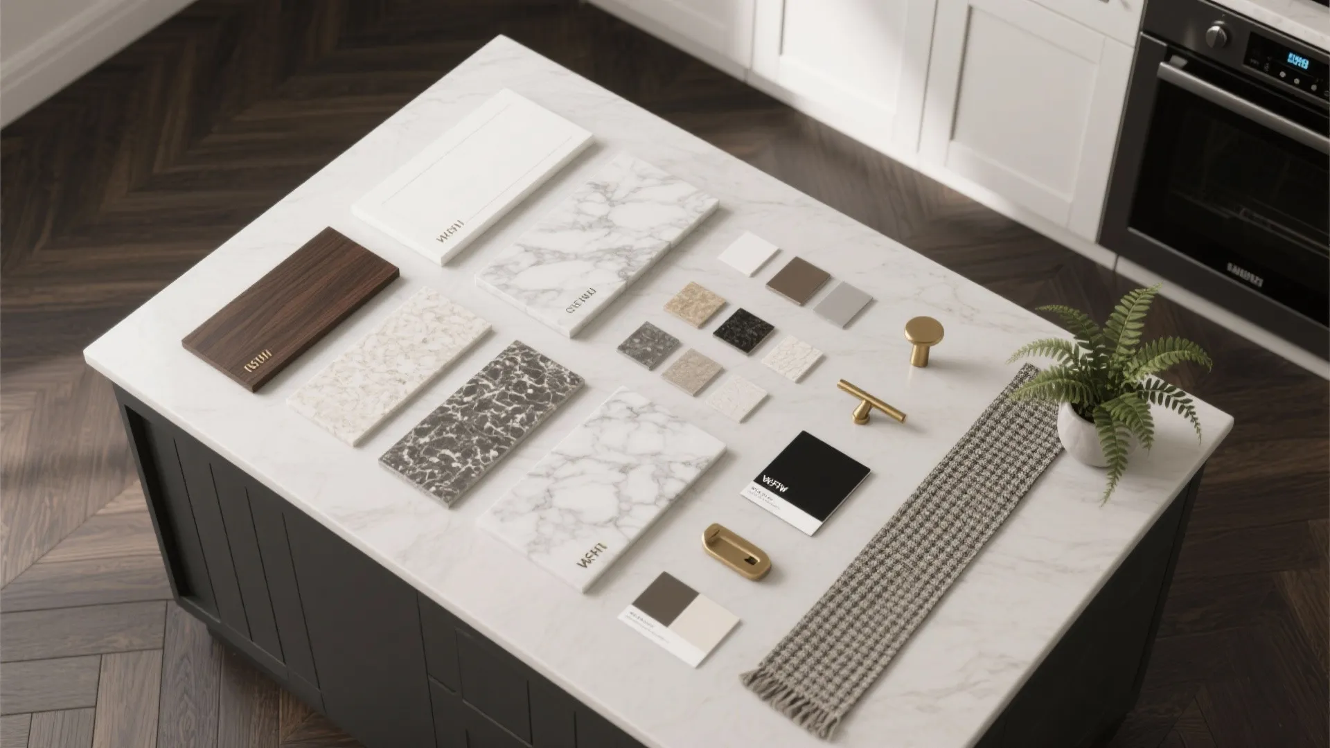 Interior design mood board with marble samples wood pieces gold handles and fabric on white table