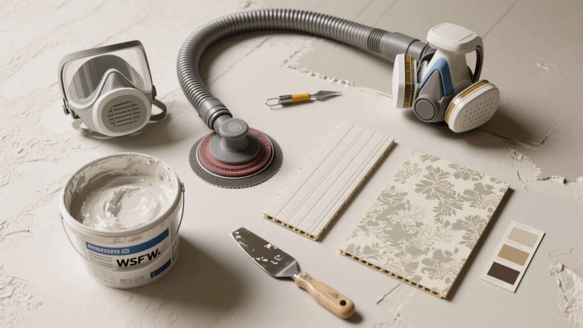 Flatlay of safety gear and materials for fixing textured walls: respirator, HEPA vacuum, sander, joint compound and samples.