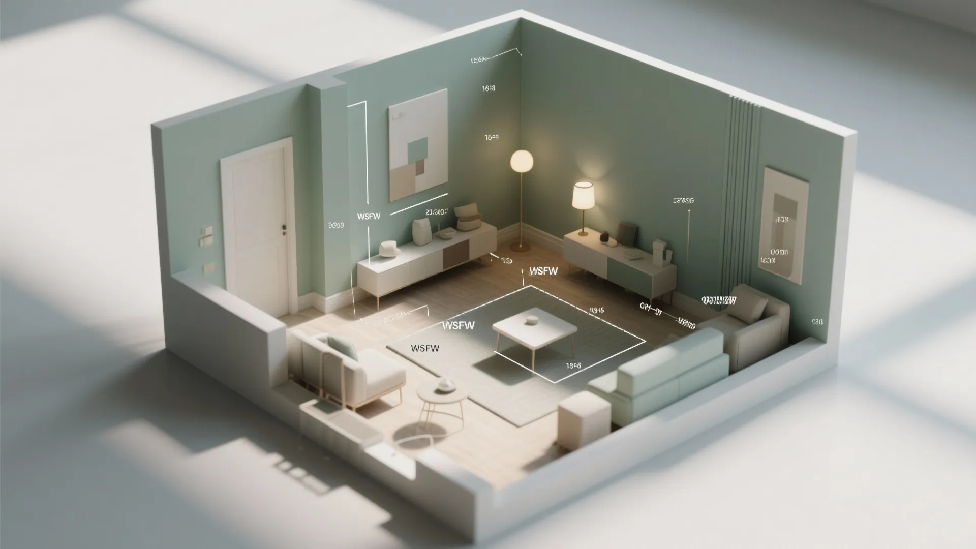 Top-down layout mockup illustrating how matching walls and trim influences space, lighting, and finishes.