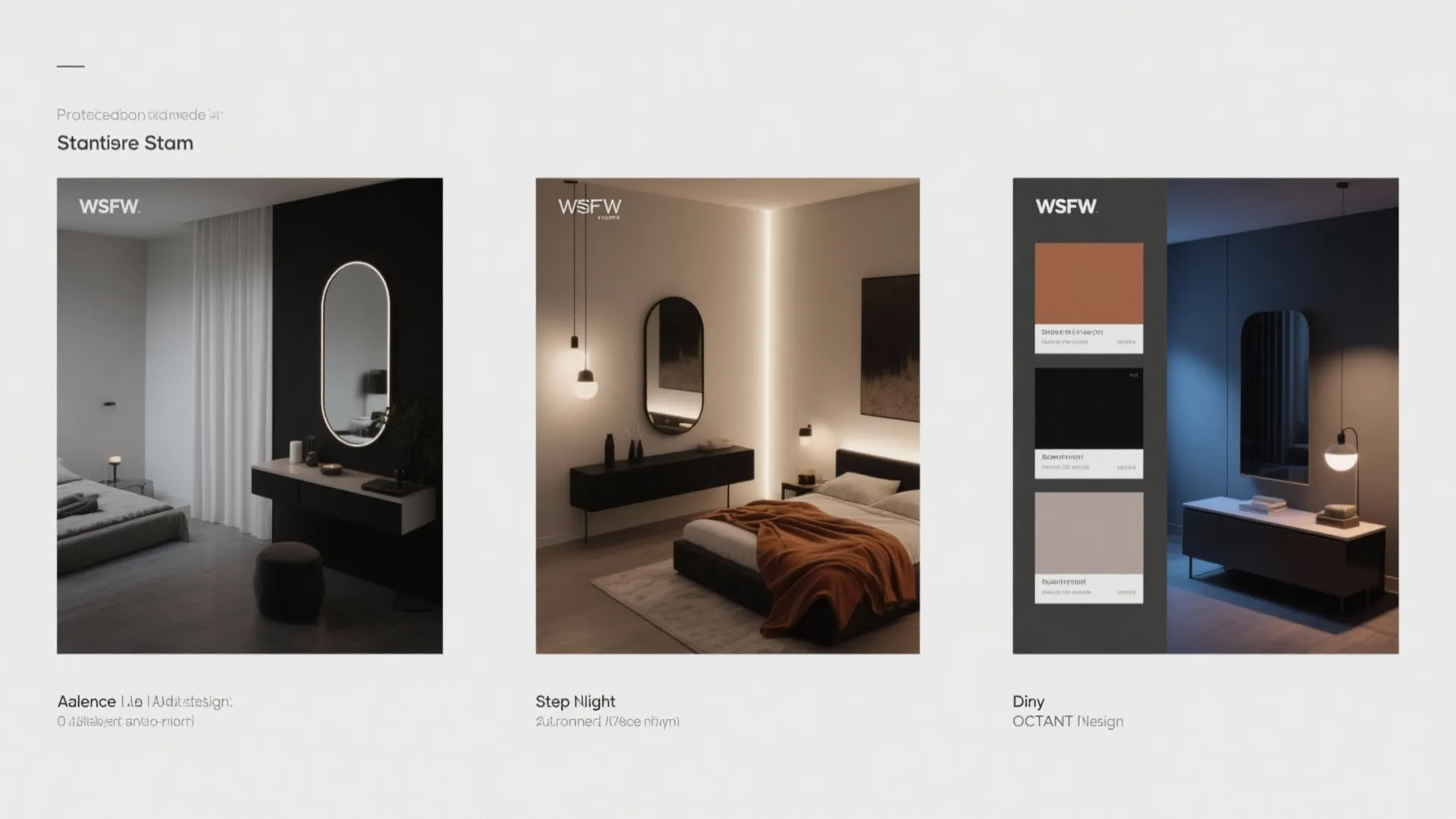 Interior design guide showing three bedroom lighting options with mirrors, beds, and dark furniture pieces