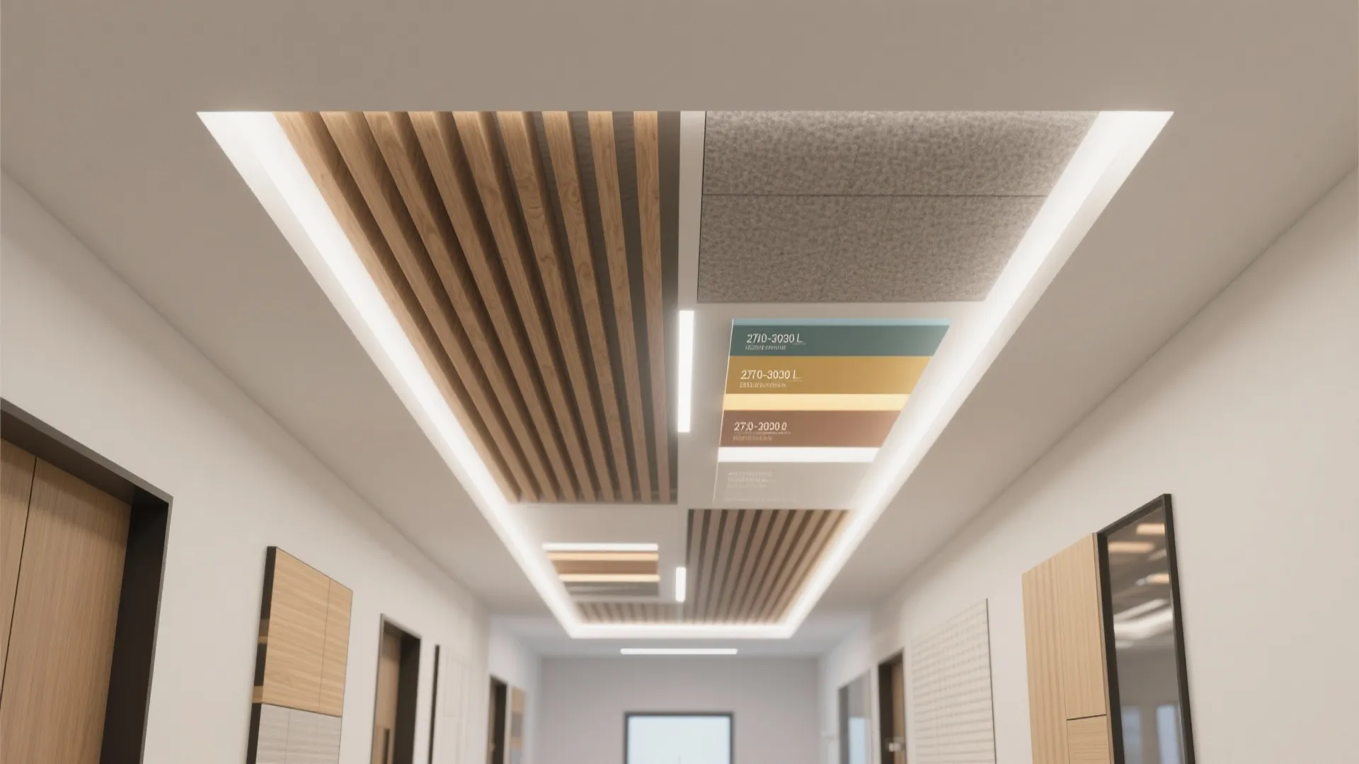 Interior design drawing of a hallway showing wood slats ceiling textures and different light fixtures