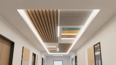Modern Office Corridor with Wood Acoustic Ceiling Design