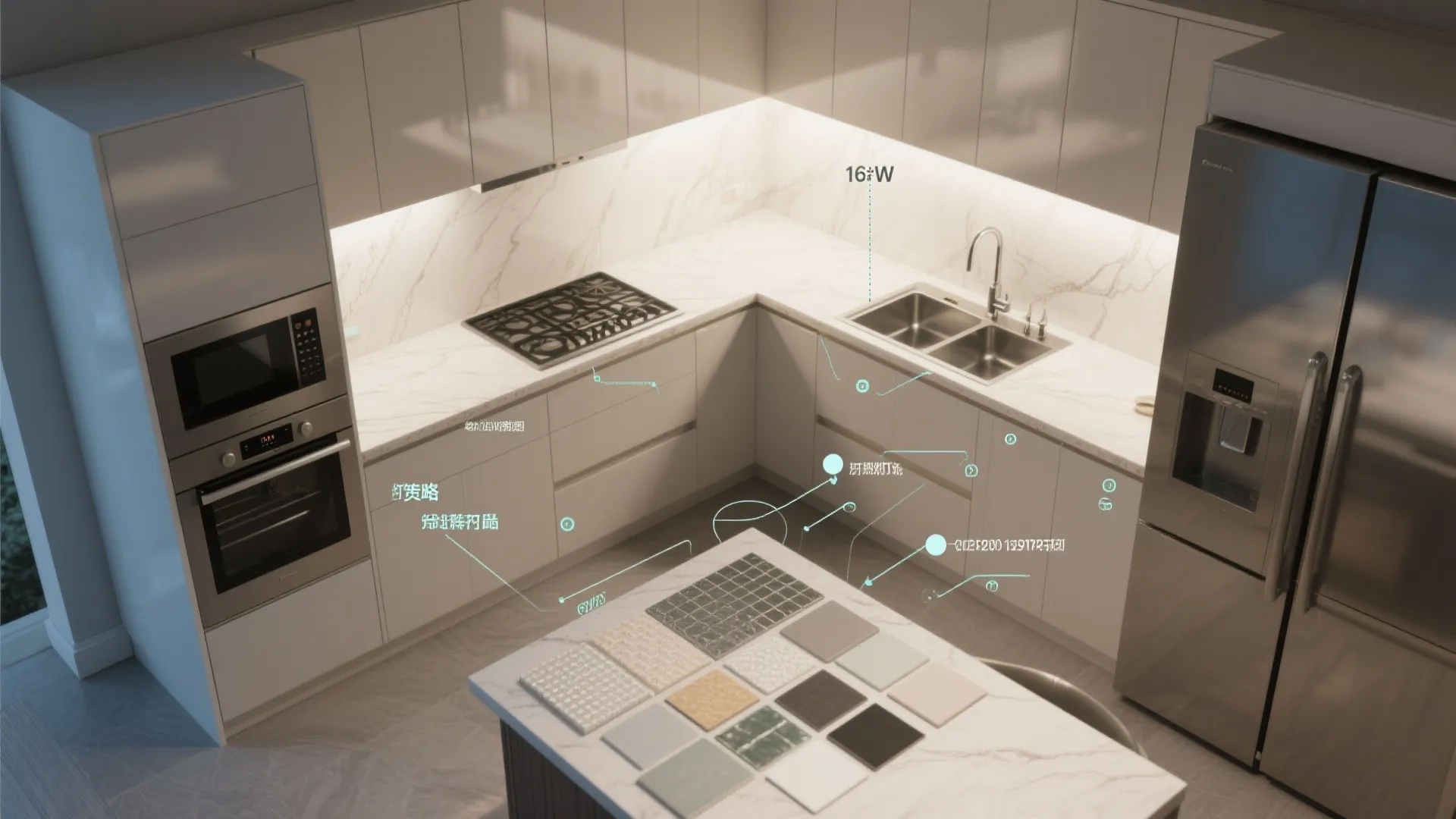 Top-down visual guide showing lighting and material strategies for using black backsplash in small kitchens.