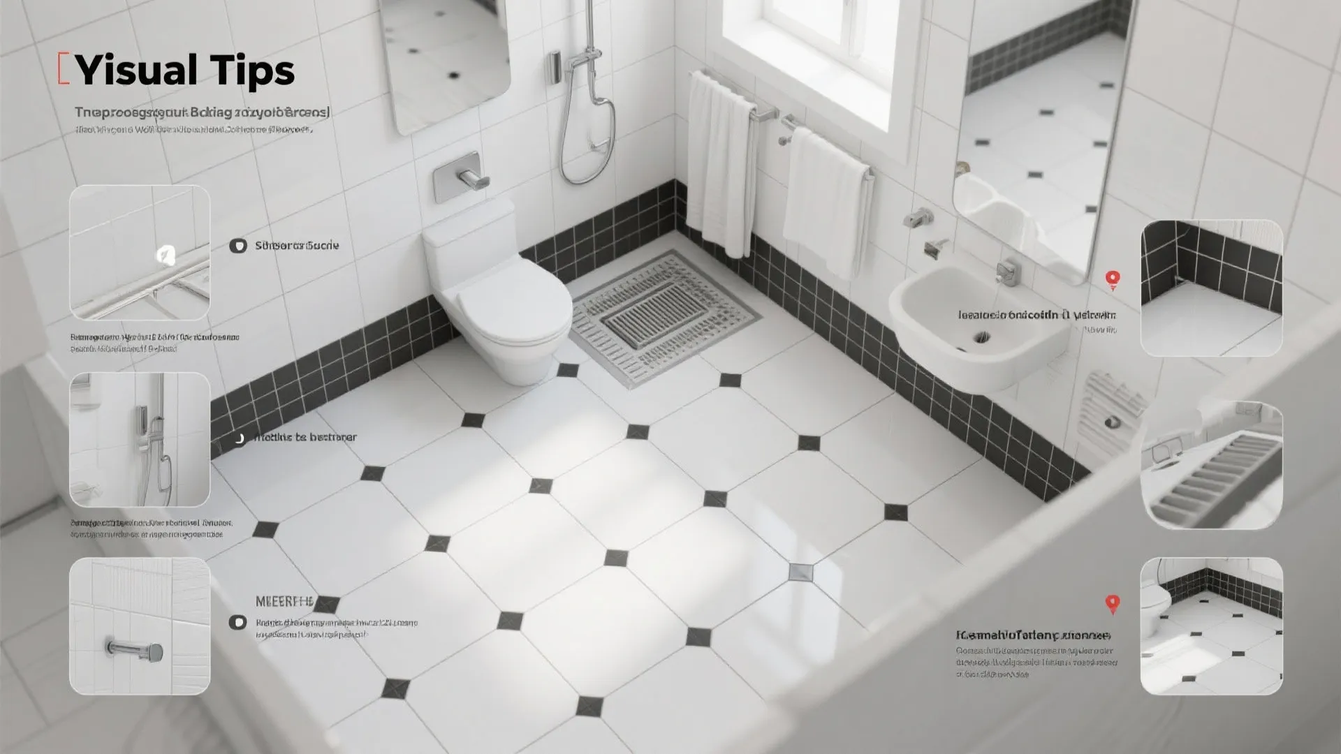 Top view of white bathroom with tiled floor toilet sink shower and visual design tips