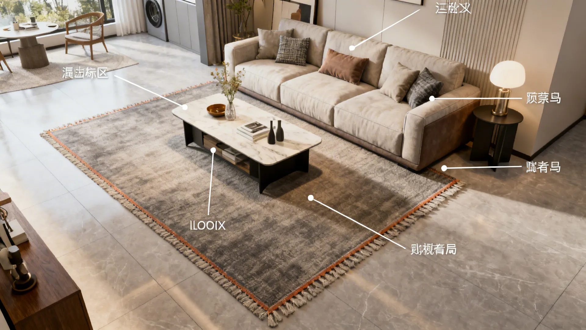 Living room visual FAQ with labeled elements illustrating rug placement and walkways