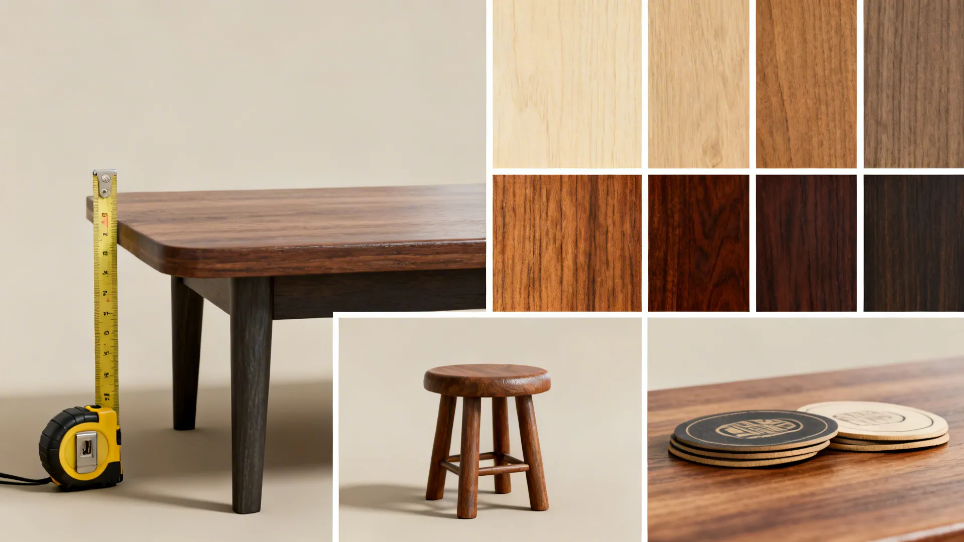 Visual guide showing measuring tape, wood finish swatches, a small stool, and coasters for end table FAQ tips.