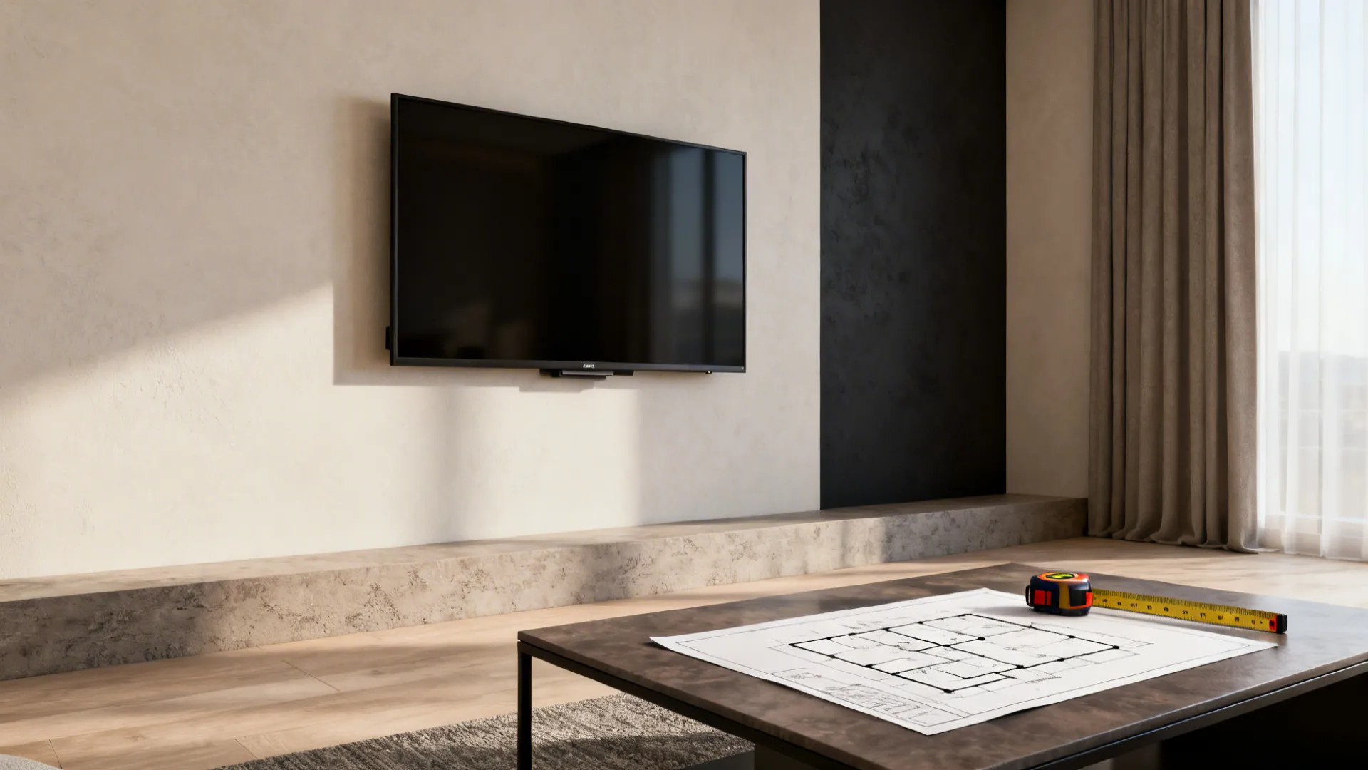 Visual guide showing palette choices, TV on short wall, and floor plan with measurements for narrow rooms.