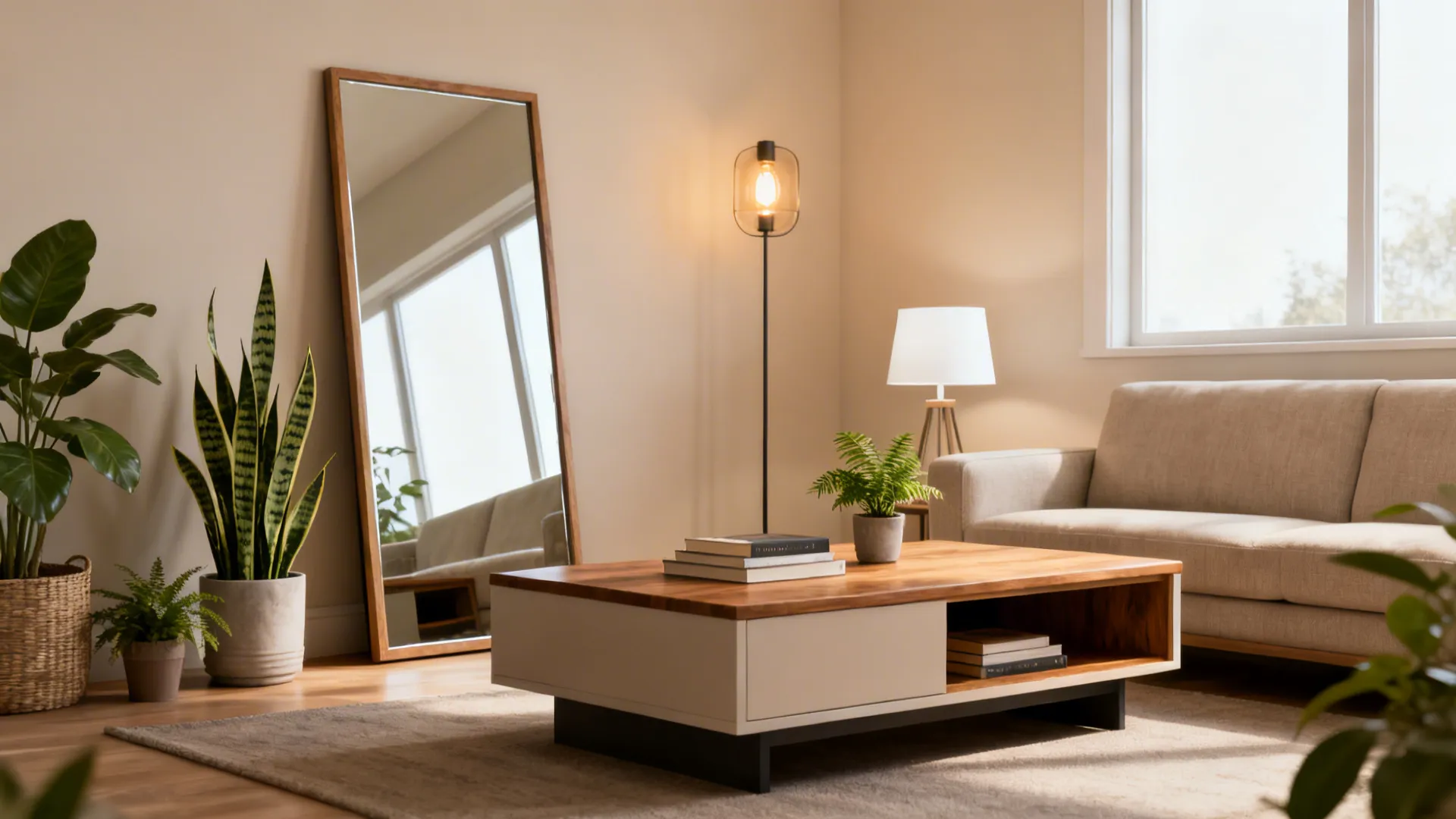 Bright living room with floor lamp, large mirror, wooden coffee table, sofa, and potted plants