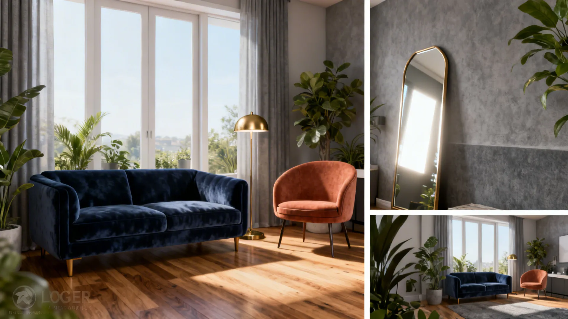 Collage of living room elements showing wood flooring, navy sofa, mirror, terracotta chair and brass lamp