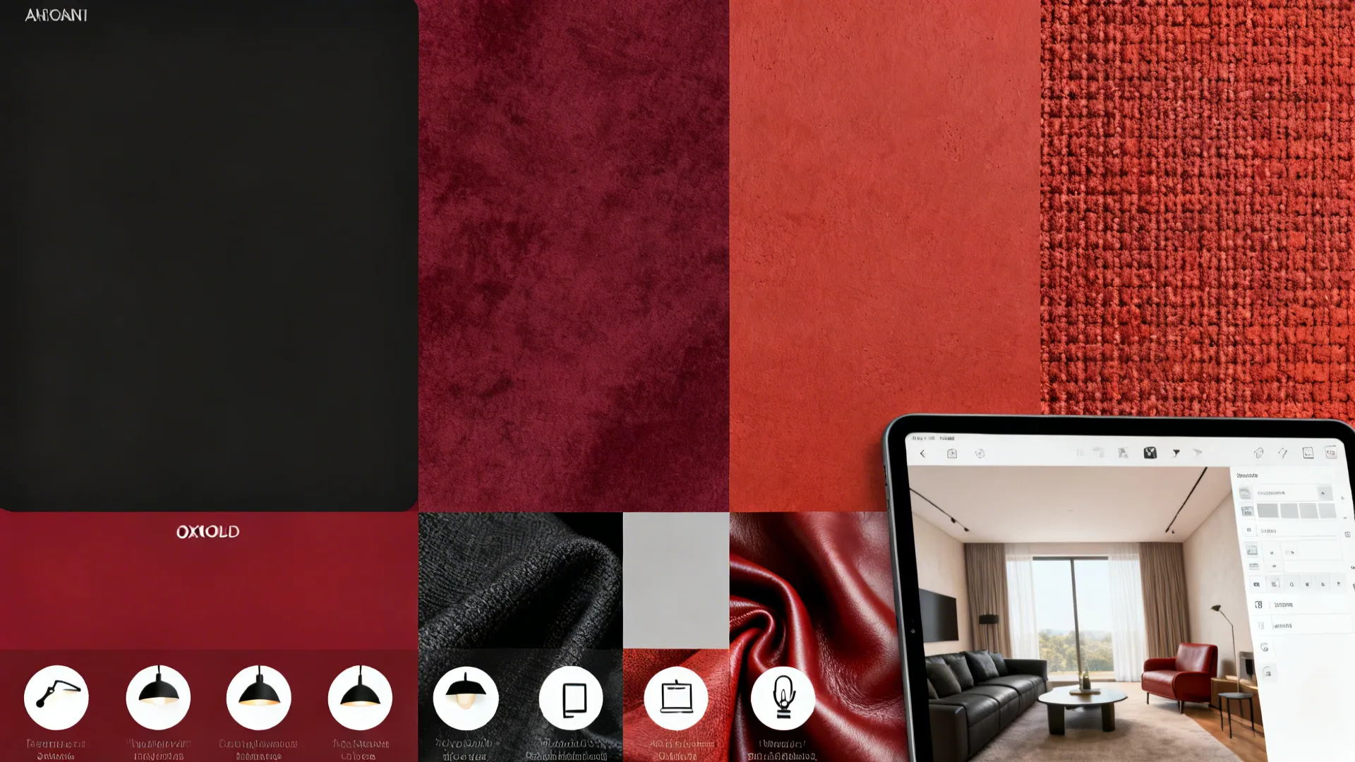Interior design mood board showing red textures leather fabric and tablet with living room layout