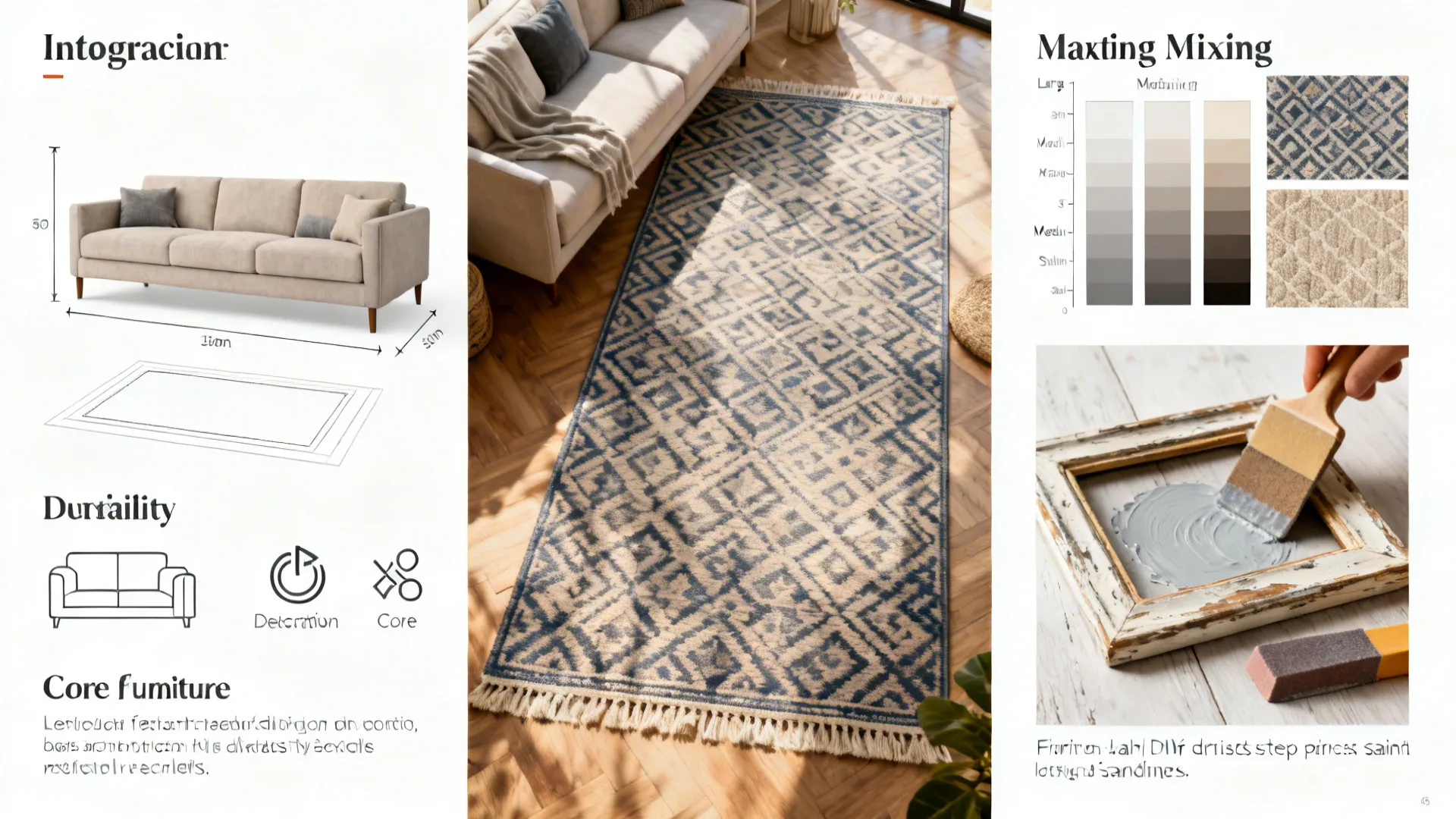 Top-down visual guide showing rug sizing, durability tips, pattern mixing, and DIY frame distressing