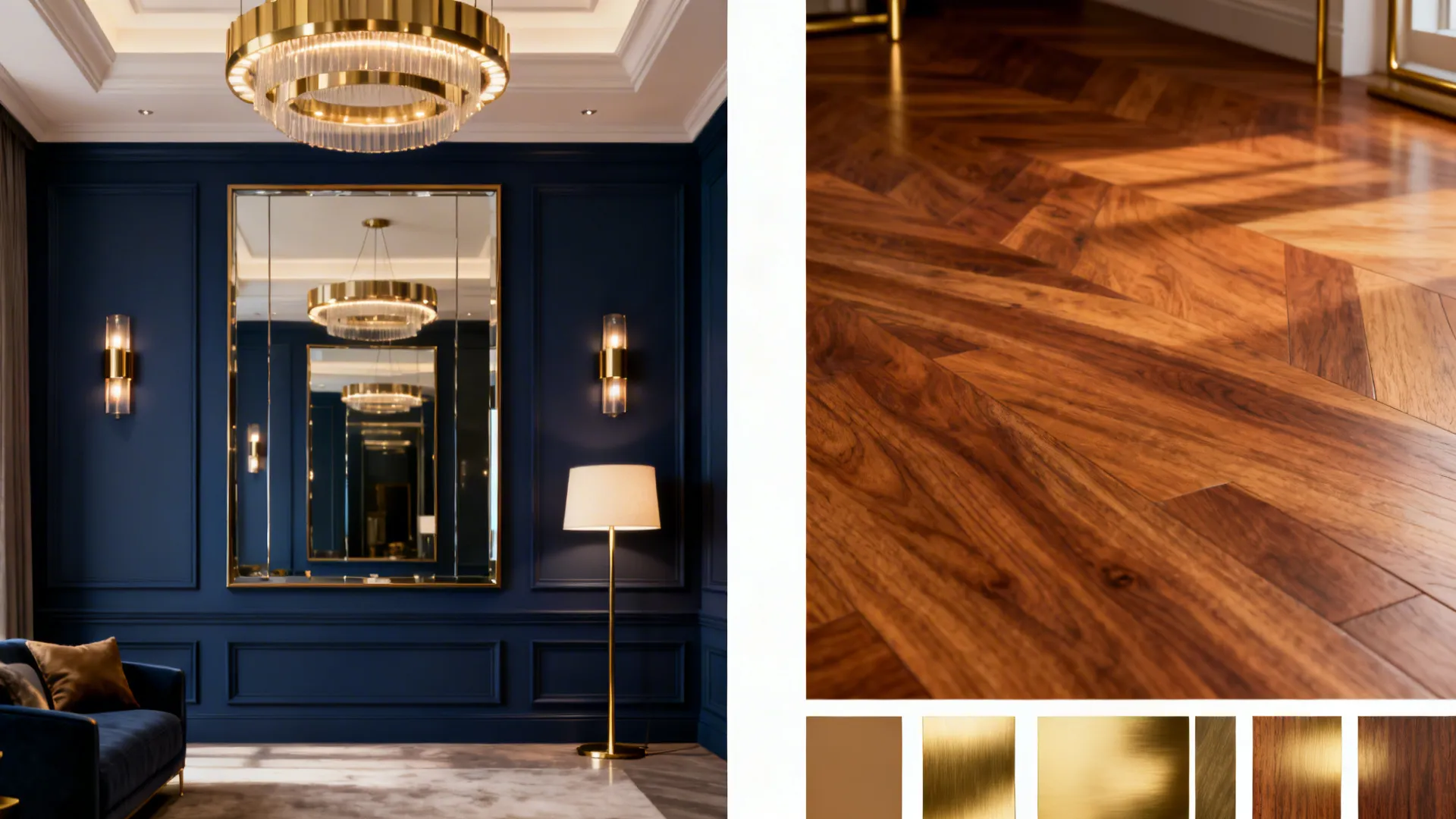 Composite showing navy accent strategies and material swatches for FAQs on navy and gold