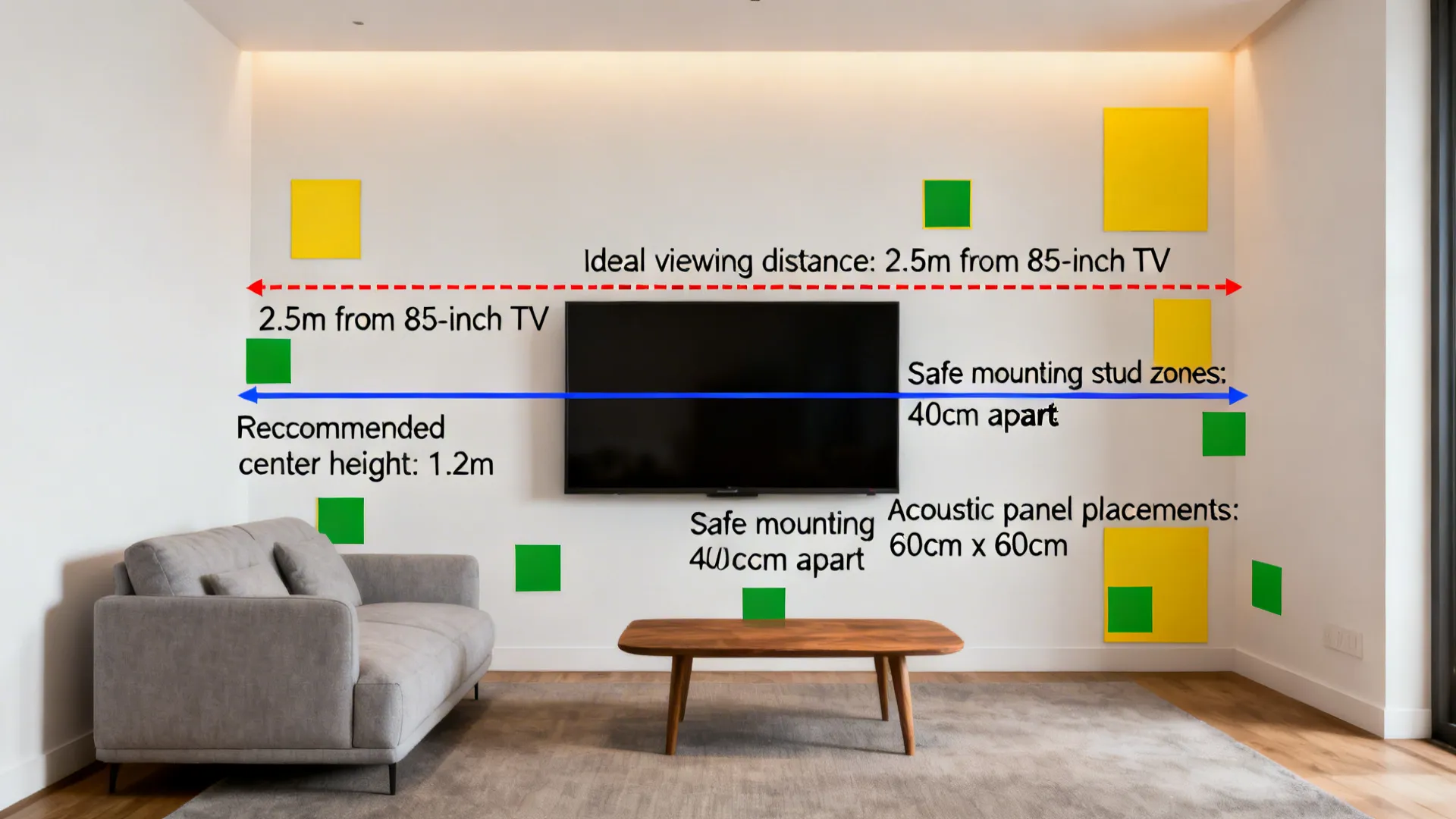 Room mockup with viewing-distance markers and mounting guidance for an 85-inch TV.