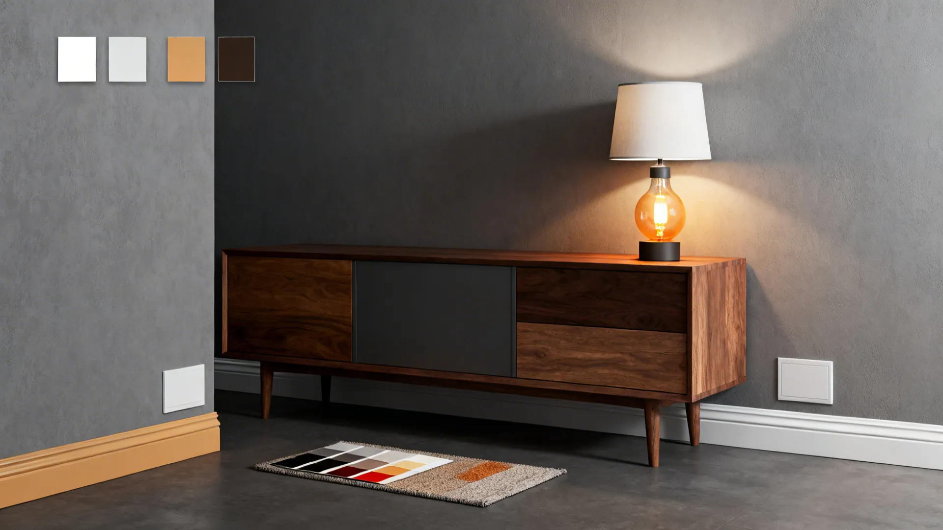 Collage of examples showing wood tones, bulb color comparisons, and trim options for grey rooms