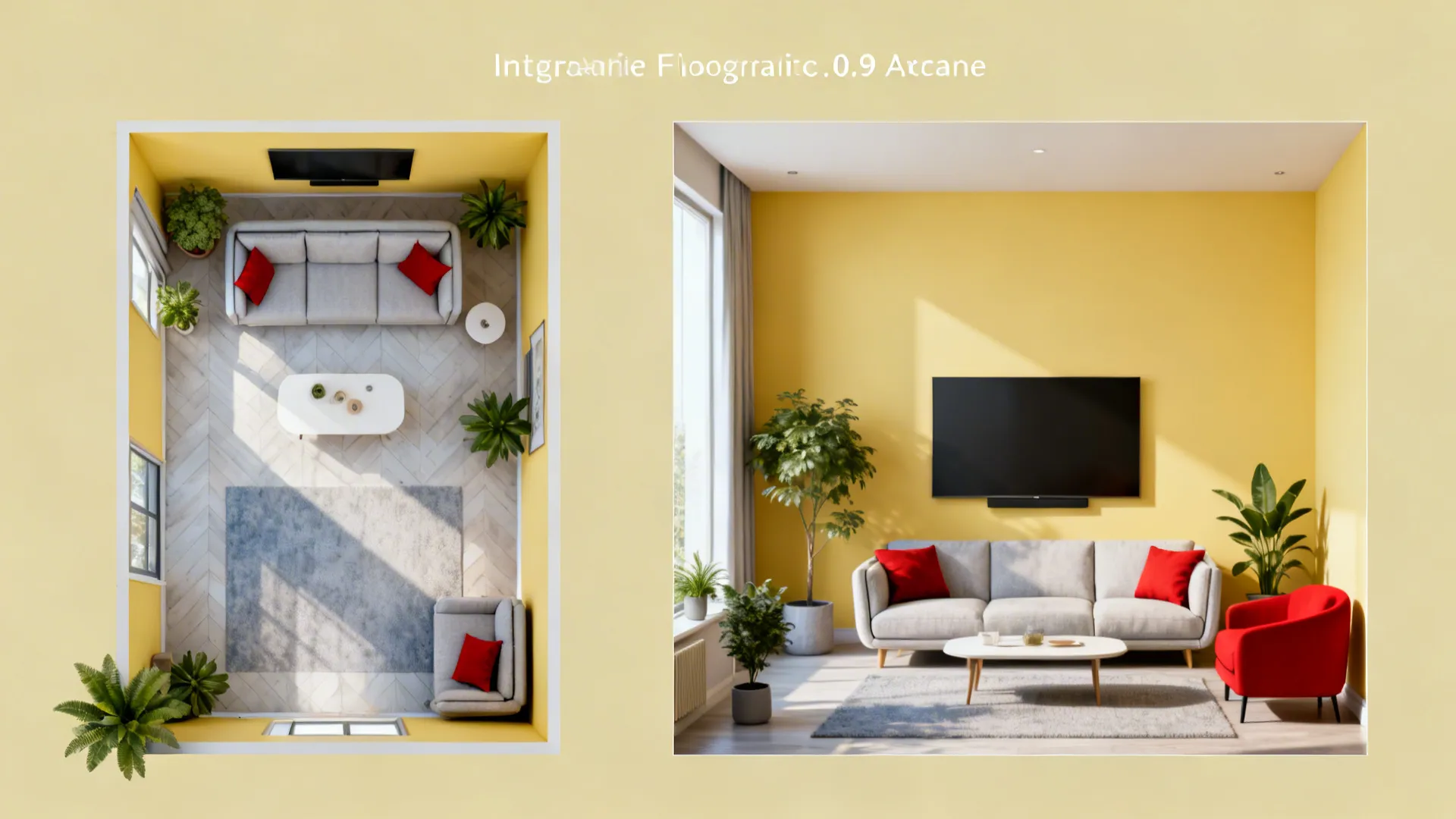Visualization guide comparing layout and color tips for yellow and red in small living rooms.