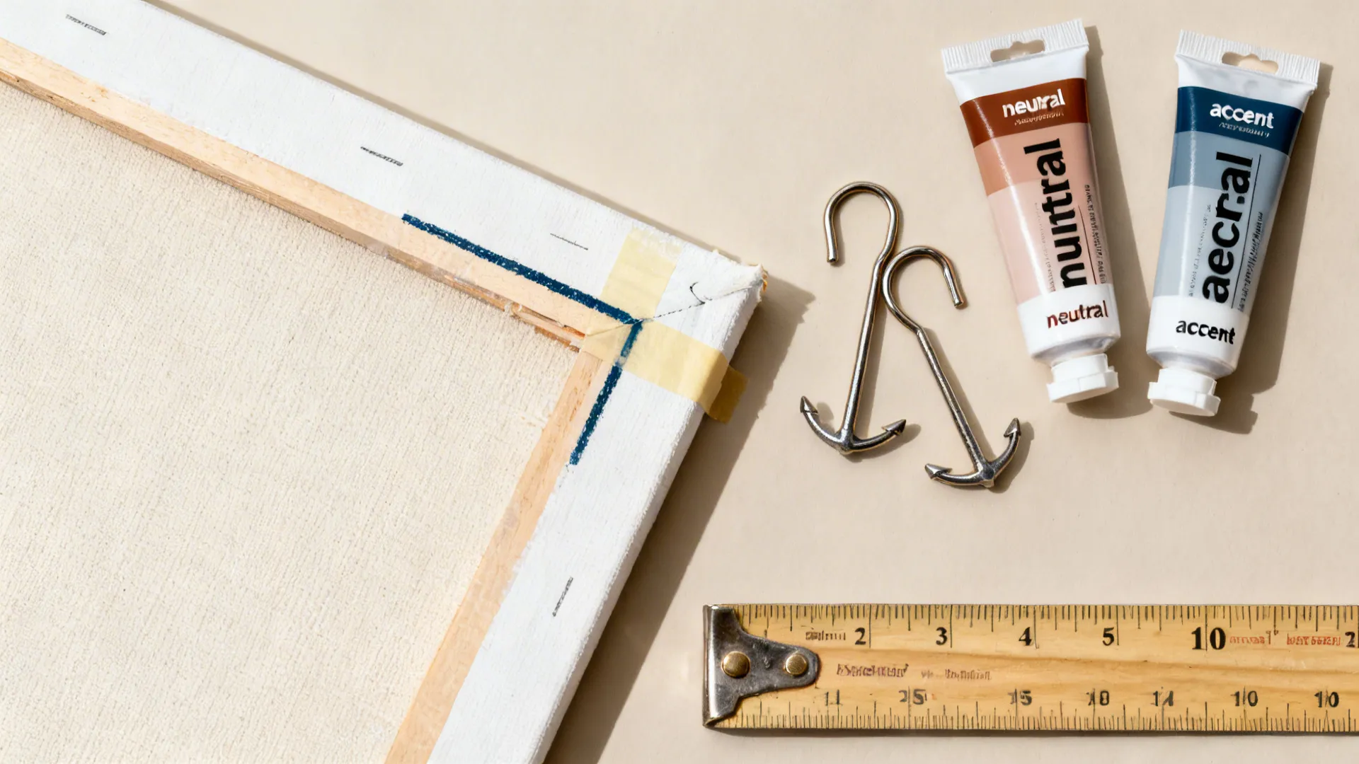 Top-down collage showing tape seal test, neutral paints, hooks with anchors, and measure.