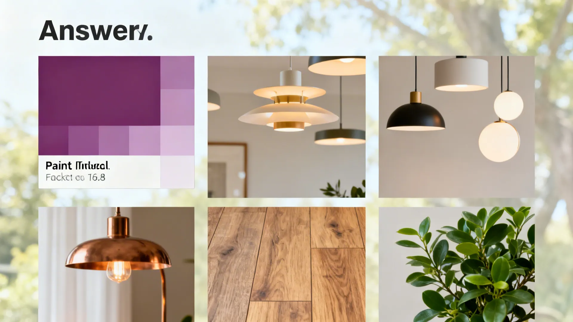 Collage of paint swatches, lighting types, flooring sample, and greenery illustrating FAQ tips for purple and black rooms.