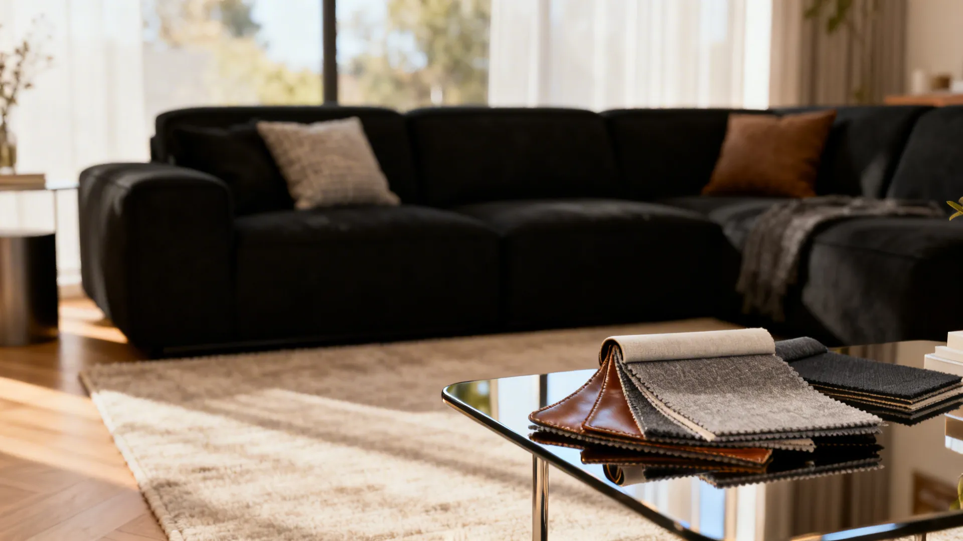 Staged living room showing tips for styling a black sectional with lighting and materials