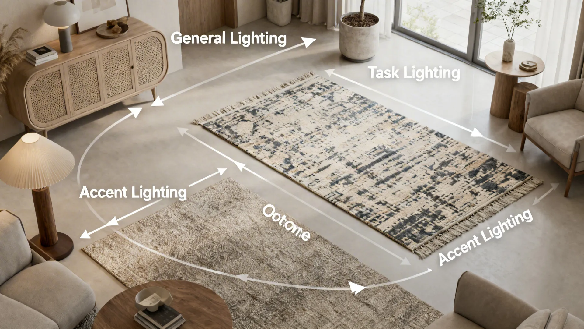 Room layout guide showing general task and accent lighting zones with floor rugs and cabinet