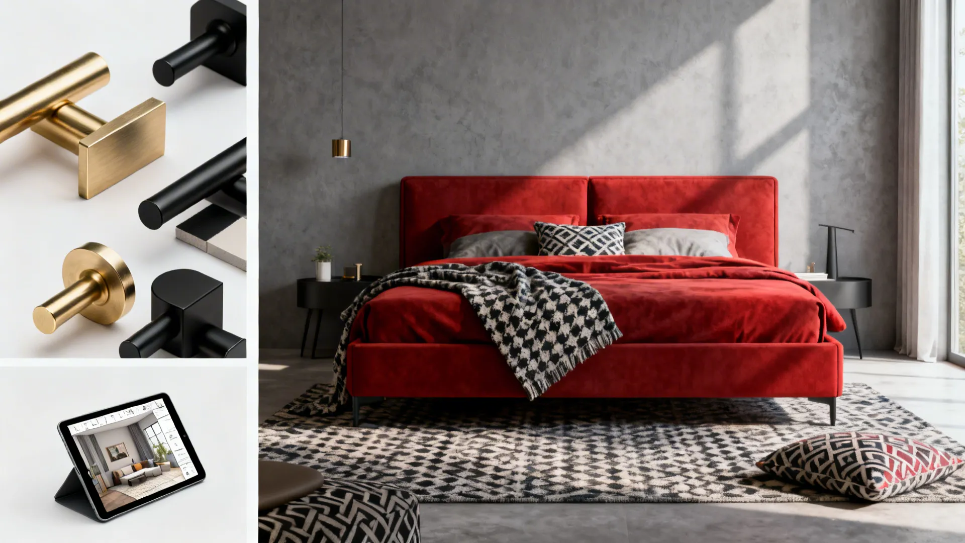 Collage of red-and-grey bedroom examples, fabric samples and metallic hardware recommendations.
