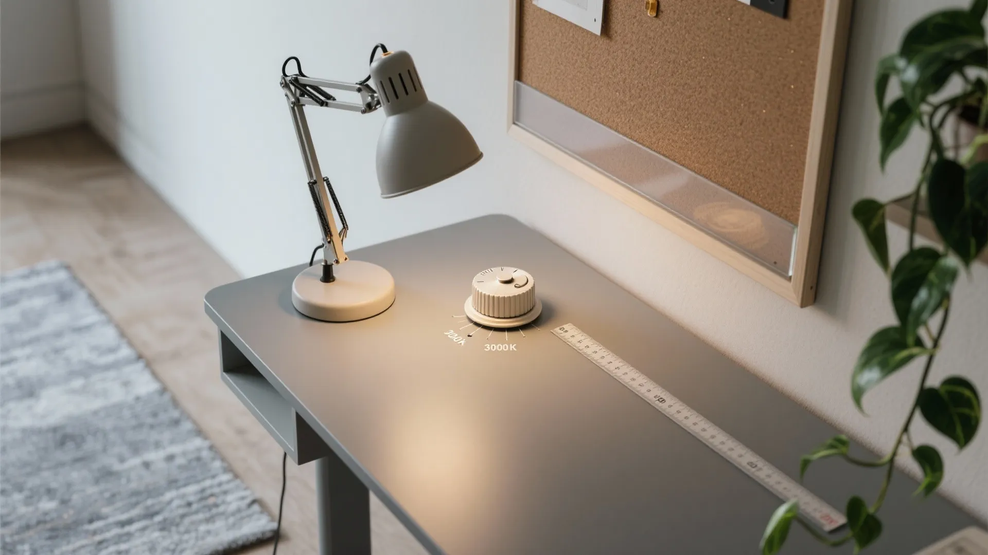 Close up of grey desk with light fixture control dial ruler and green plant leaf