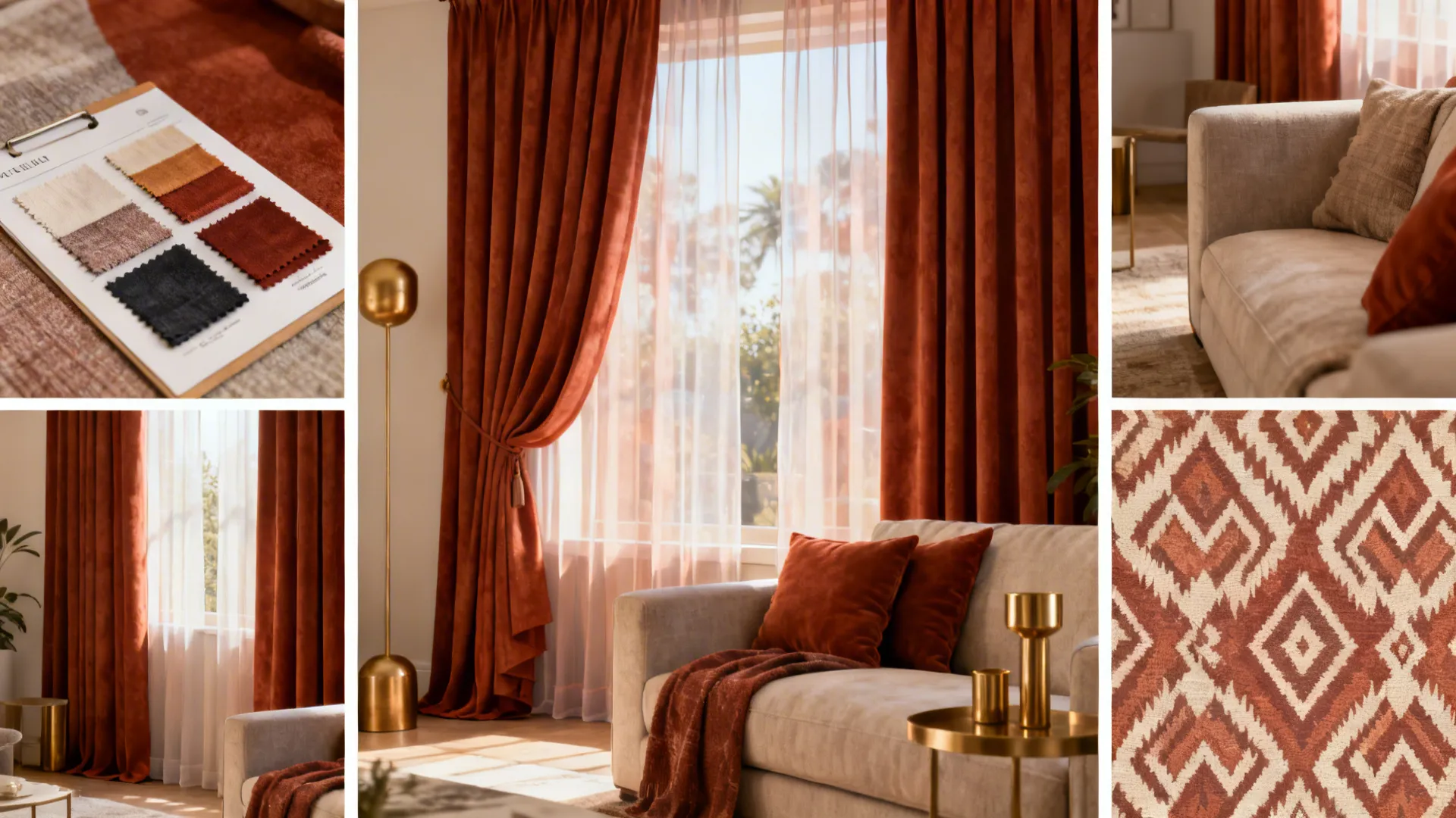 Visual montage showing rust curtains paired with sheers, swatches, metallic accents and patterned panels.