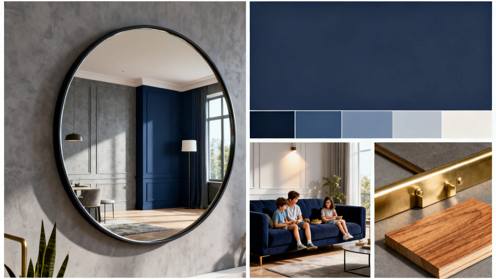 Montage showing mirrors, paint swatches and material samples for grey-and-navy living room guidance.