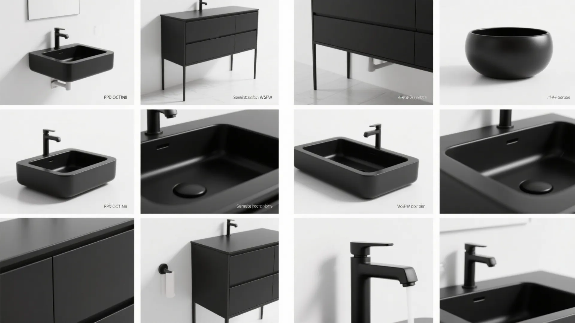 Grid of product photos showing various black bathroom sinks cabinets and faucets from different angles