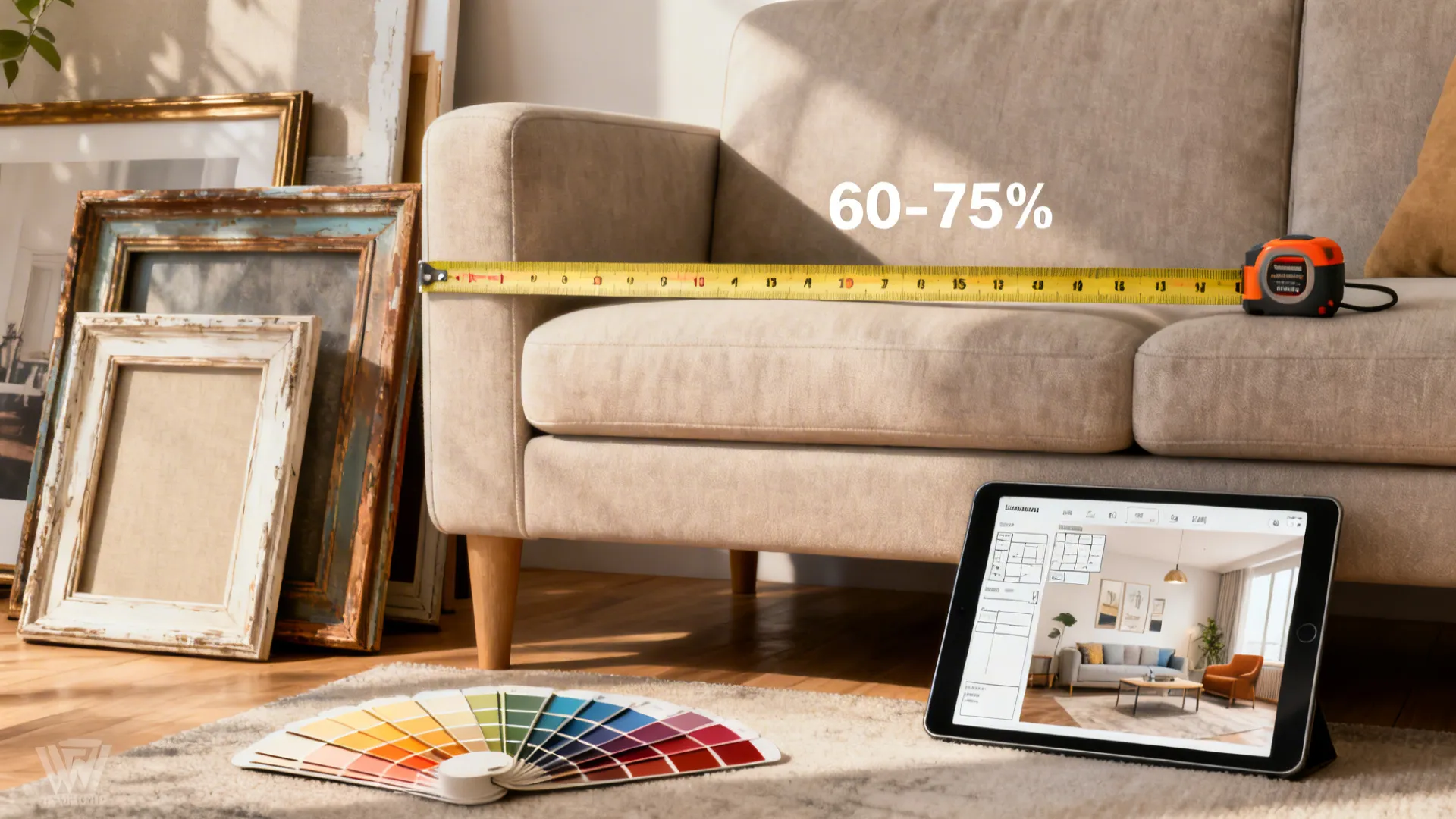 Montage showing measuring for art scale, thrifted frames, paint swatches, and a room planner mockup.