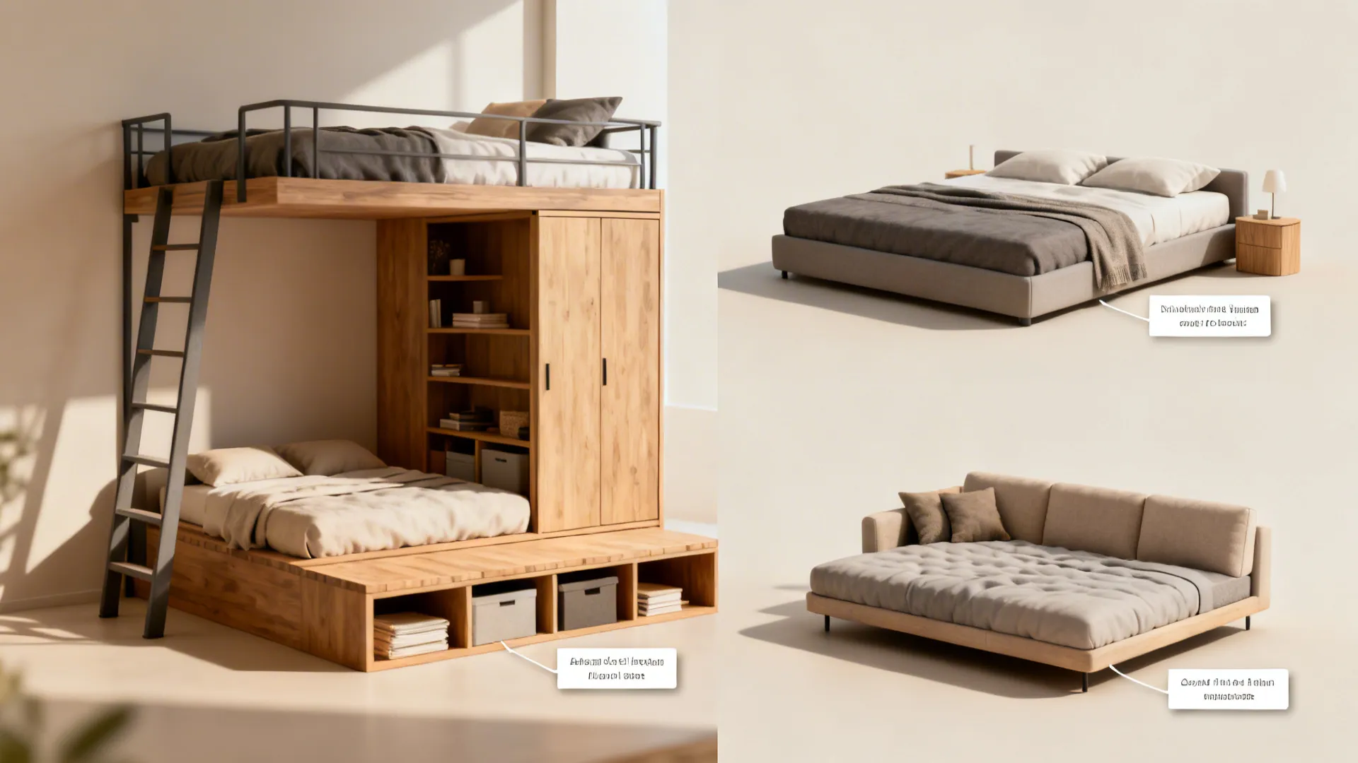 Composite visual guide showing loft bed, Murphy bed, platform storage, and sofa-bed for tiny bedroom FAQs